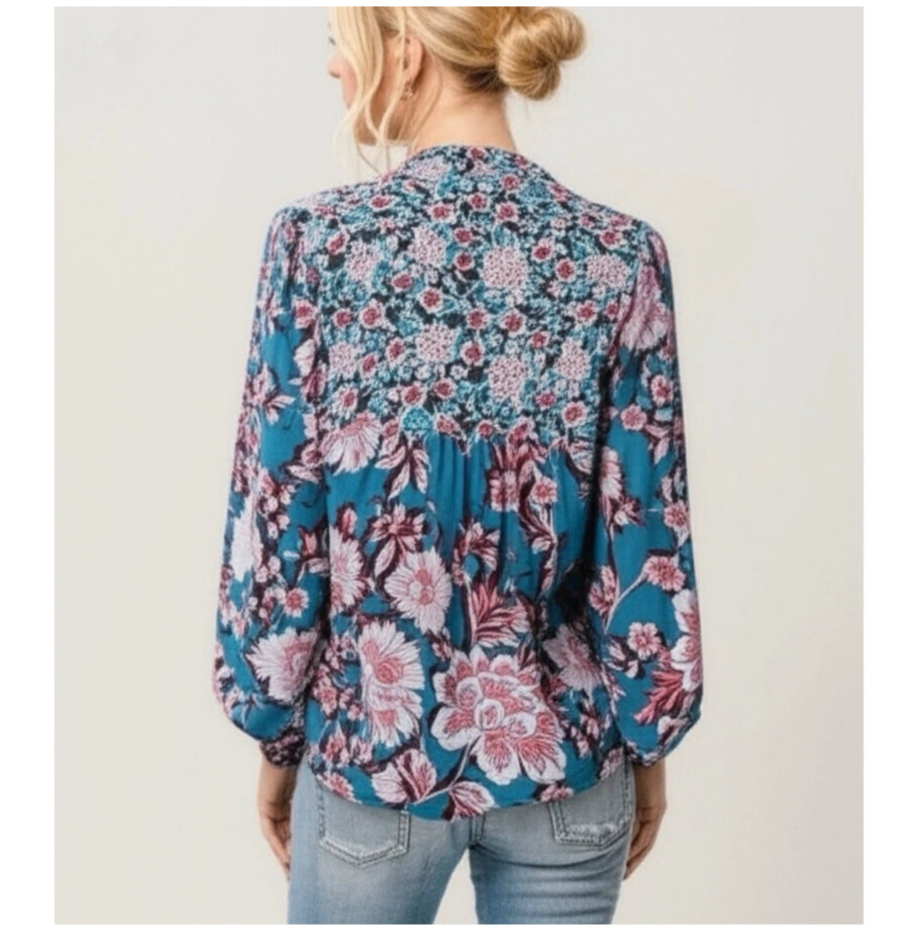 BAND OF THE FREE Josie Blue Floral Print Long Sleeve V Neck Blouse