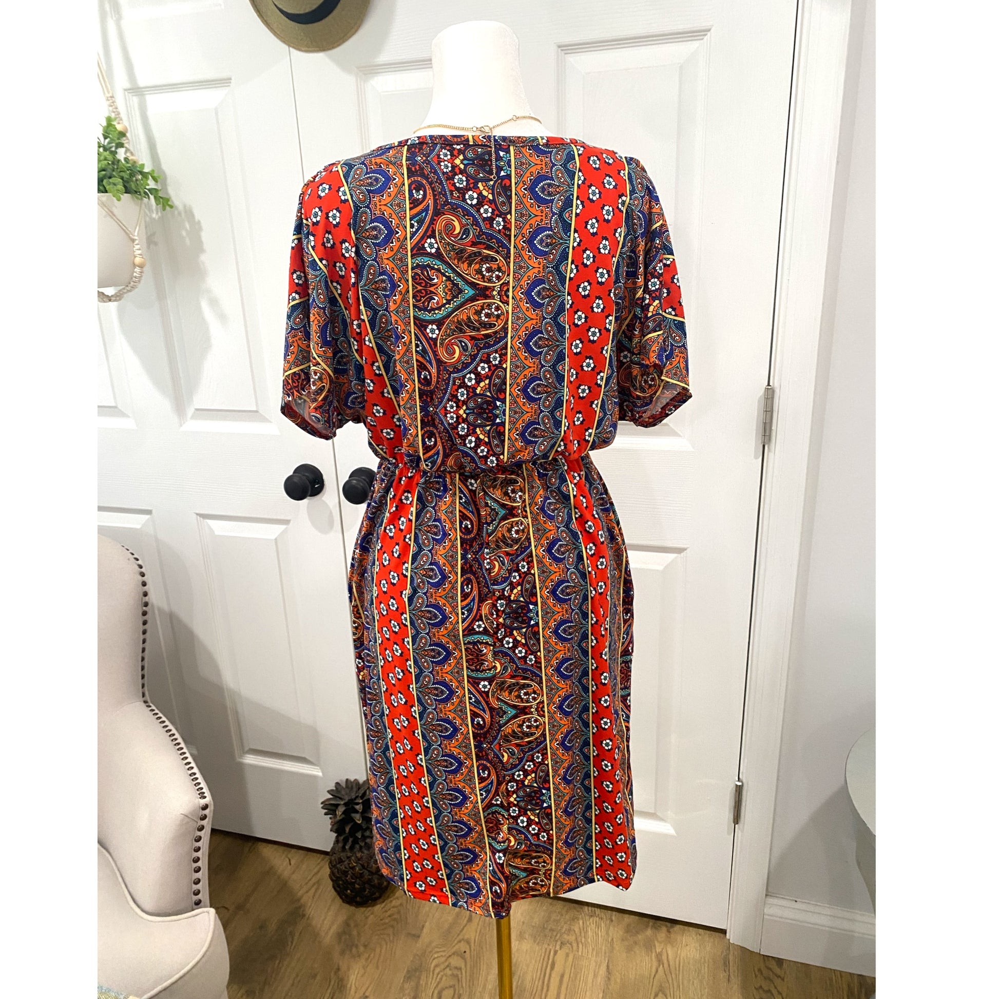 HAPTICS By HOLLY HARPER Sunset Orange Boho Paisley Surplice V Neck Pocketed Dress - East Coast Bella LLC