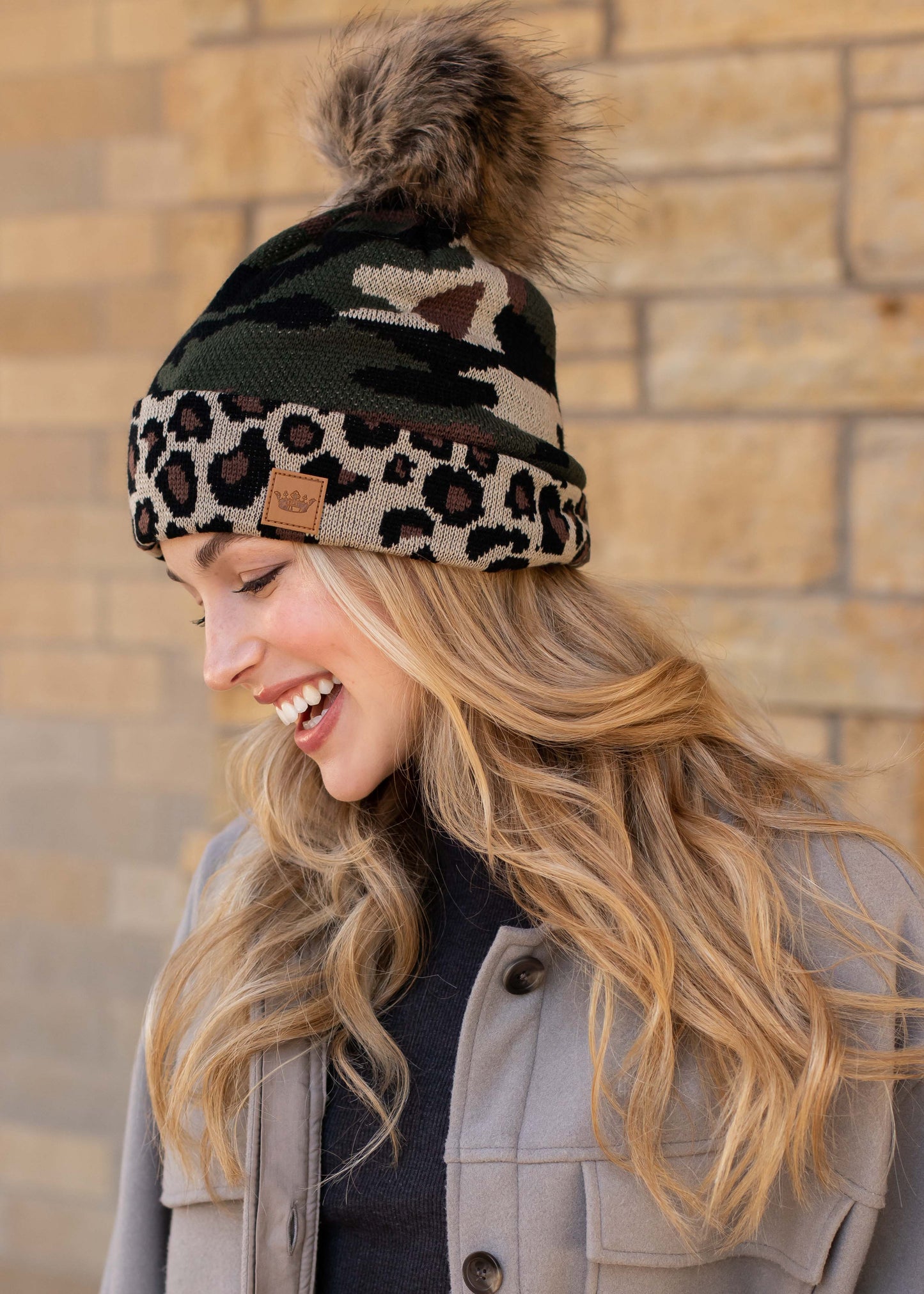 PANACHE Vegan Fur Puff Pom Knit Hat, Fleece Lined, Green Camo Leopard Print Trim Accent - East Coast Bella LLC