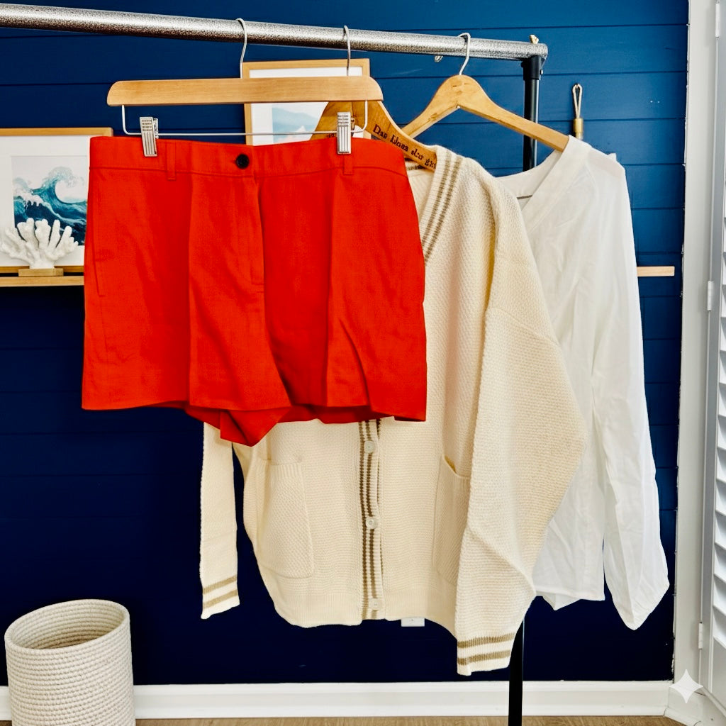 The "Hamptons" Capsule Set: J.Crew Linen Shorts, Grace + Emma Cardigan, Top 3 Pc