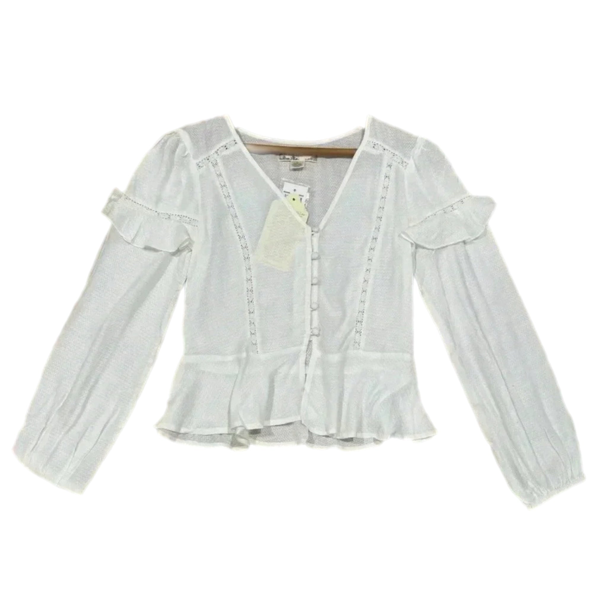 B.O.G. Collective Sandy Cream Ruffle Long Sleeve Button Blouse Lace Inlets