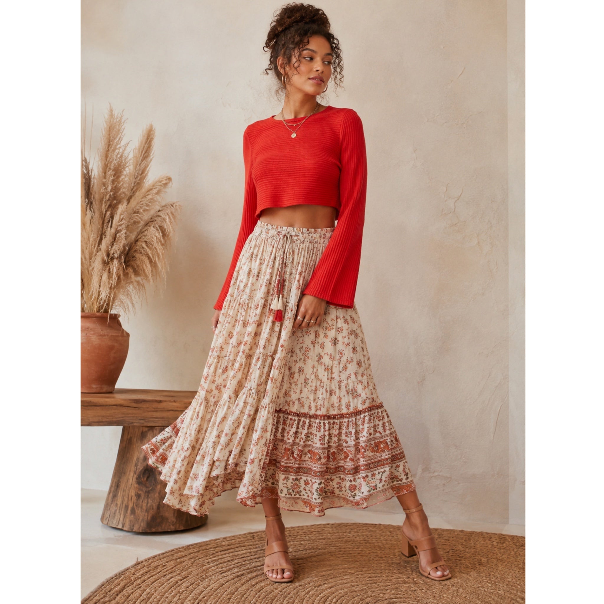 BAND OF THE FREE BOG Alize Red Rust Long Sleeve Cropped Top Blouse