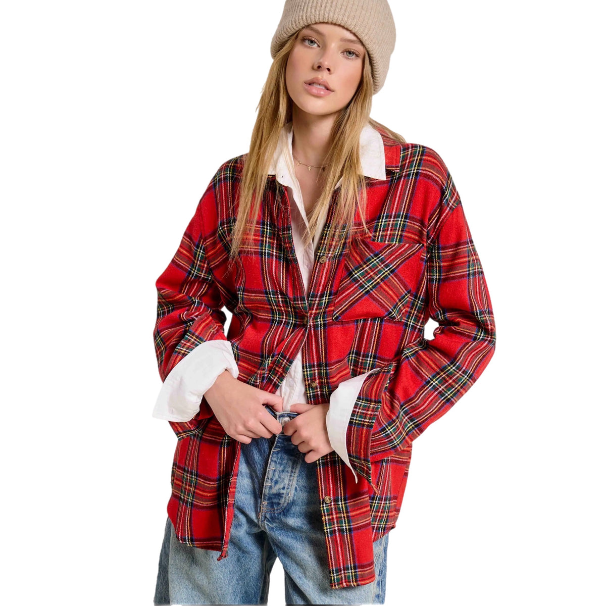 La Miel Plaid Oversized Shirt Button Front Long Sleeve in Holiday Red