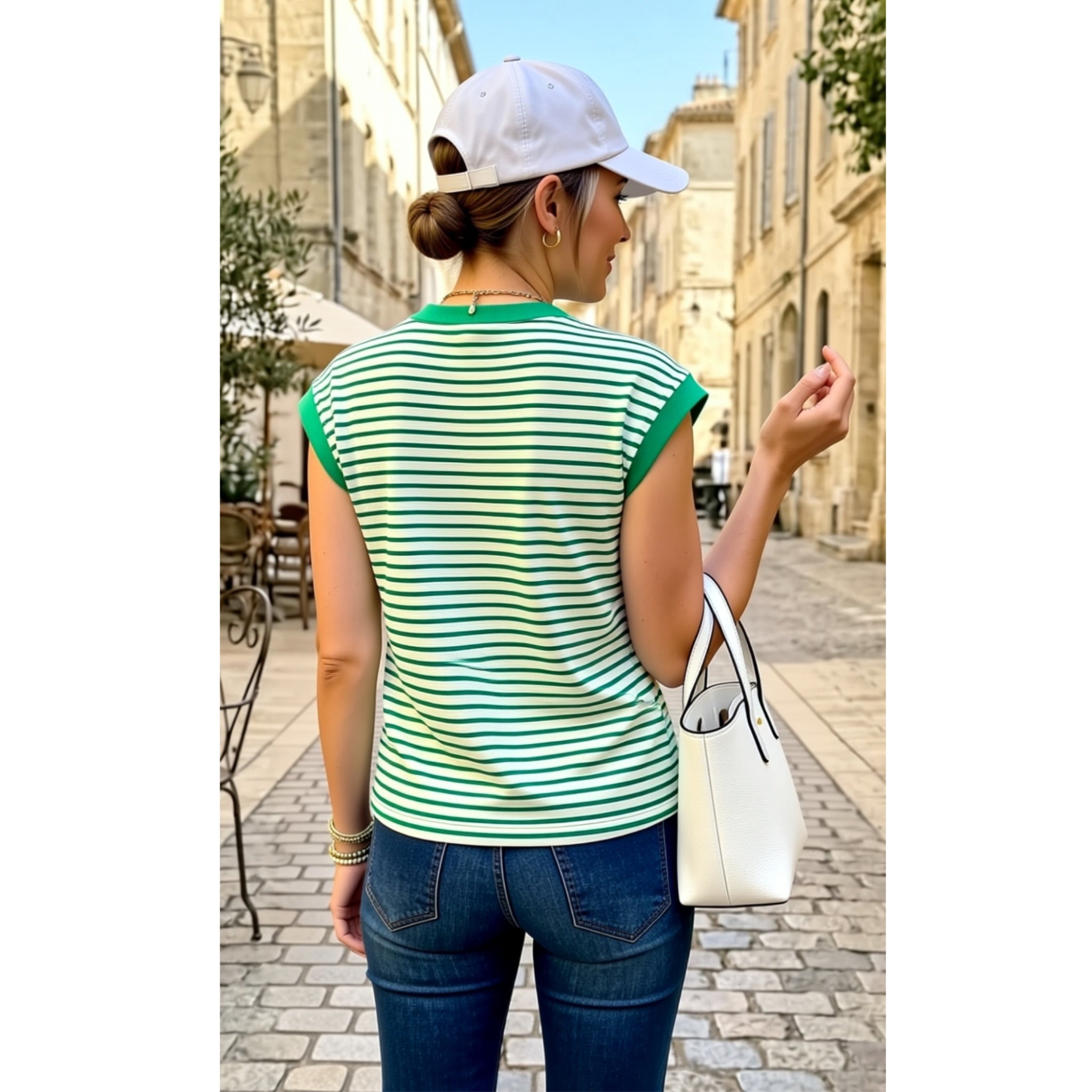 La Miel Nautical Striped Cap Sleeve Top in Apple Green Soft Cotton