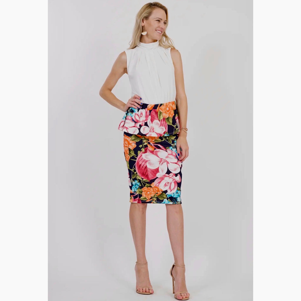 Botanical Bliss Peplum Midi Skirt Ultra-Stretch Floral Pencil Cut in Navy Multi