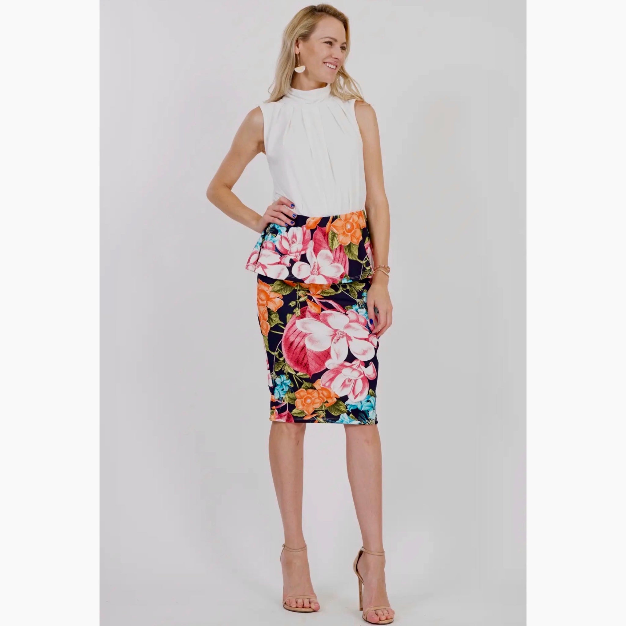 Botanical Bliss Peplum Midi Skirt Ultra-Stretch Floral Pencil Cut in Navy Multi