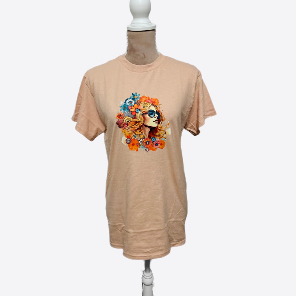 Boho Vintage 70s Style Lady in Flowers Graphic Tee Shirt in Beige Pink