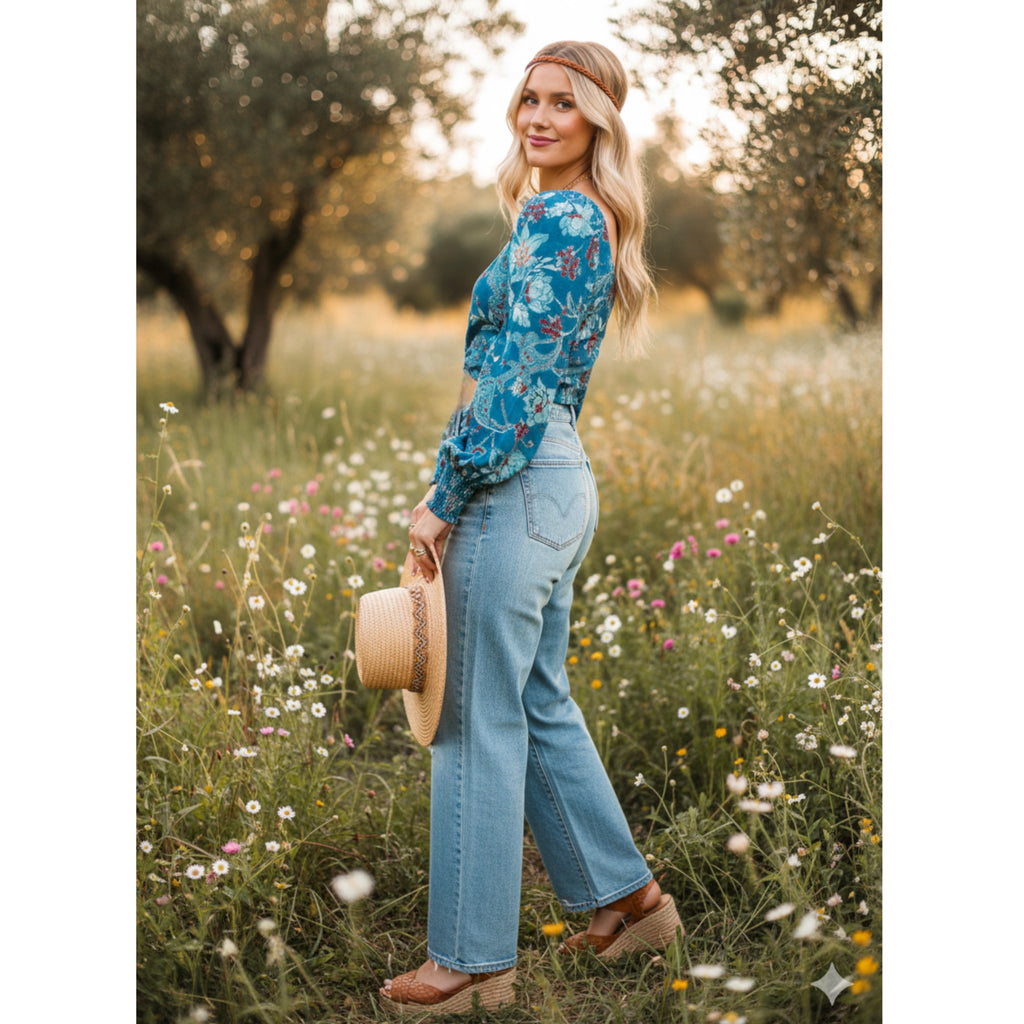 BAND OF THE FREE Sybille Teal Boho Floral Long Sleeve Crop Blouse