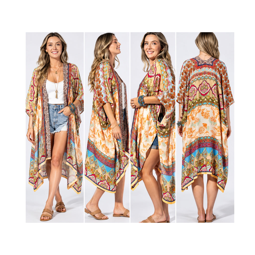 Cairo Boho Mosaic Floral Kimono Multi Color Off-White Cover Up Top