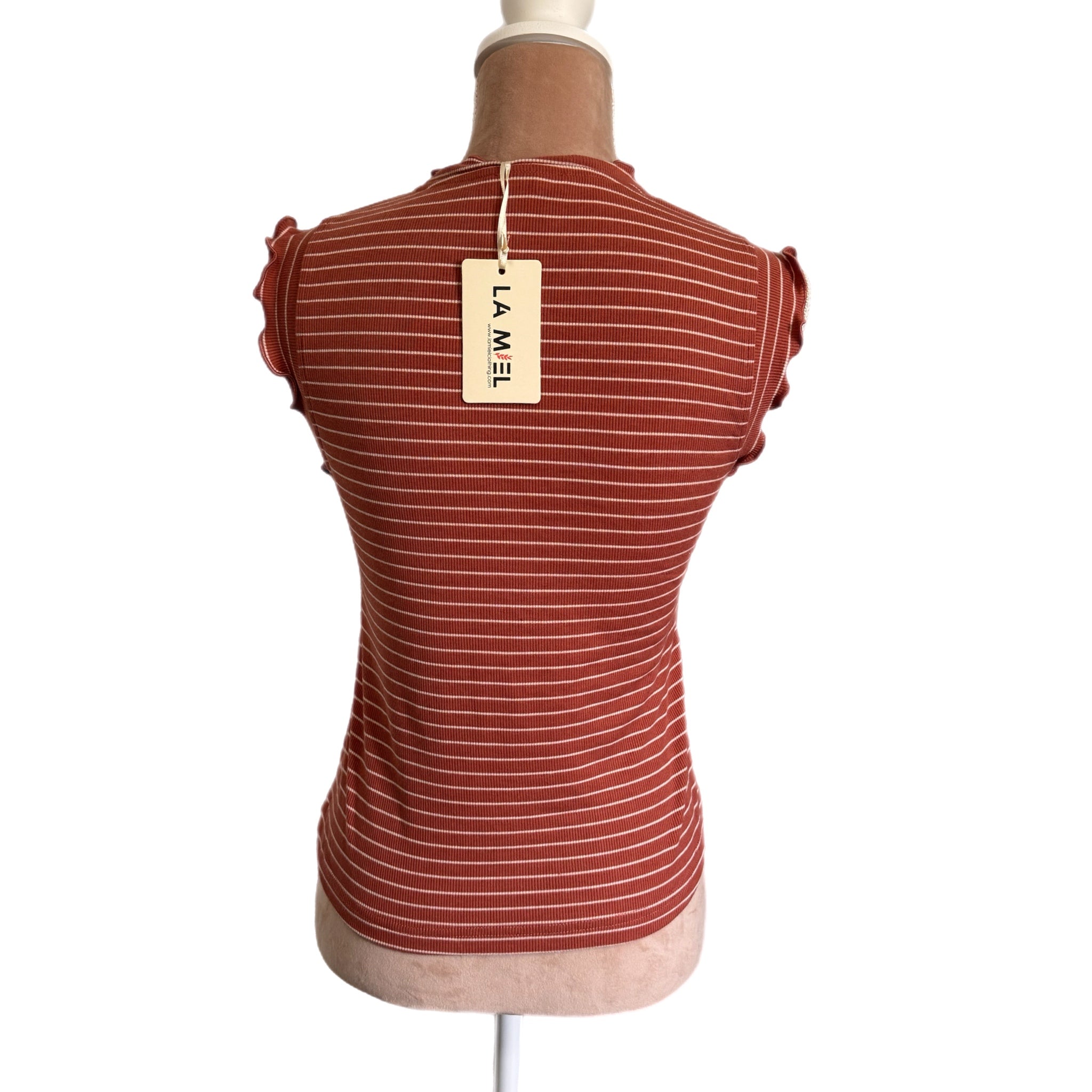 LA MIEL Boho Ribbed Ruffle Trim Striped Tank Top in Terracotta White