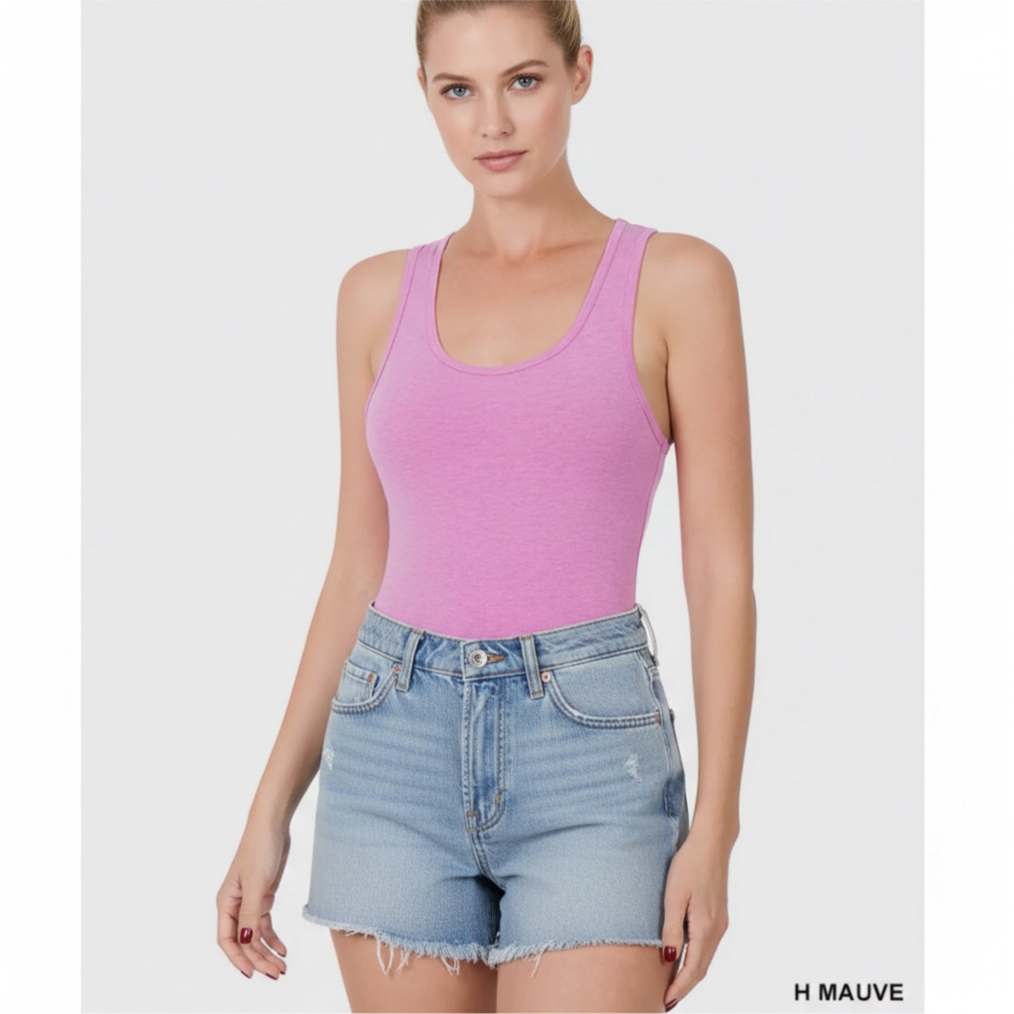 Racerback Bodysuit Cotton Spandex Snap Closure in Mauve Pink