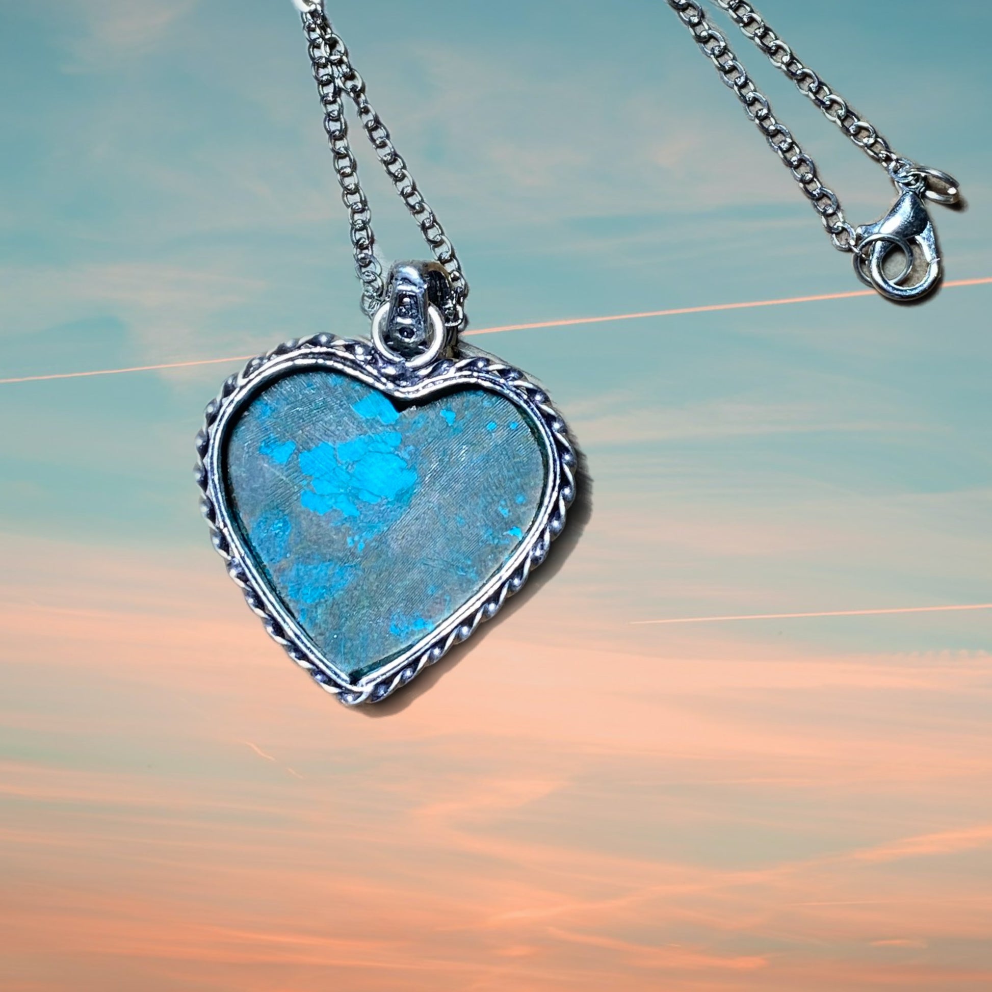 Western Turquoise Heart Pendant Necklace Silver Plated Metal Bezel, 18” Chain - East Coast Bella LLC