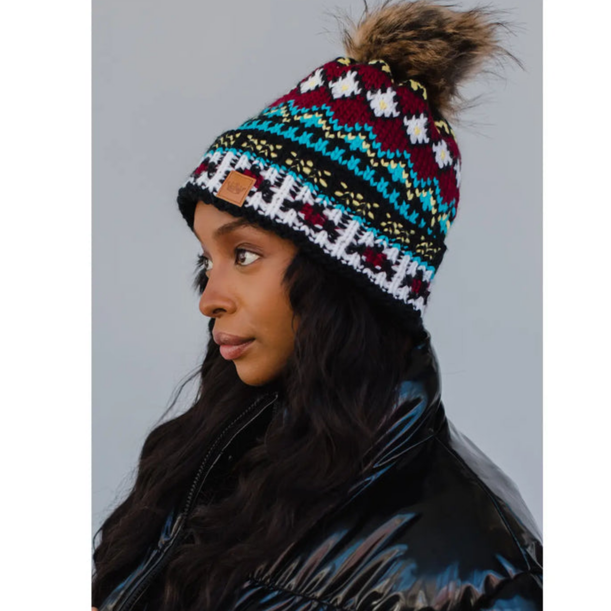 PANACHE Vegan Puff Fur Pom Knit Hat Multi-Color & Black - East Coast Bella LLC