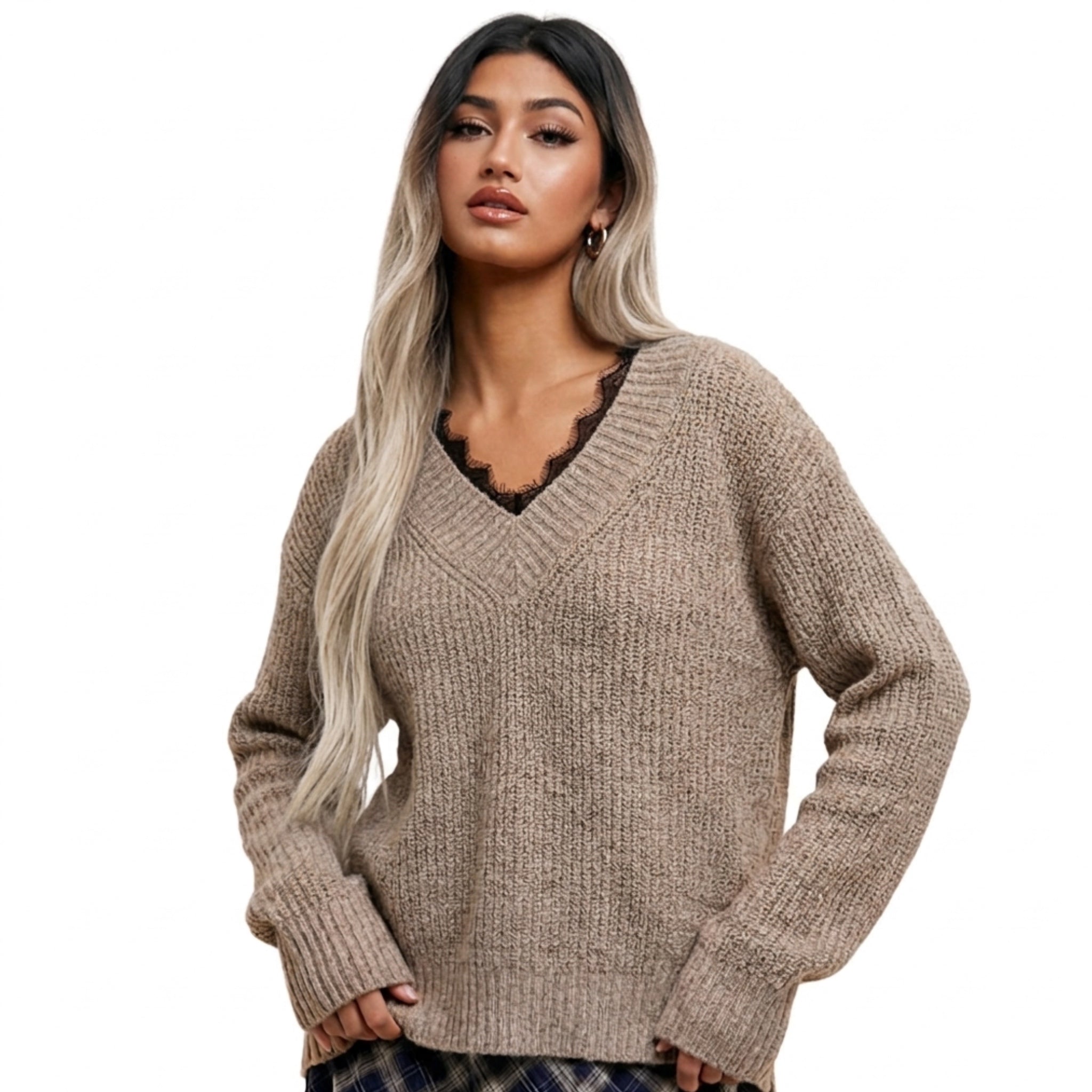 La Miel Boho Heather Beige Lace Trim V-Neck Ribbed Knit Sweater