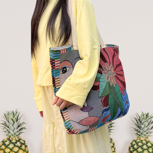 Mediterranean Summer Embroidered Tote Bag Zip Closure 18x16” - East Coast Bella LLC