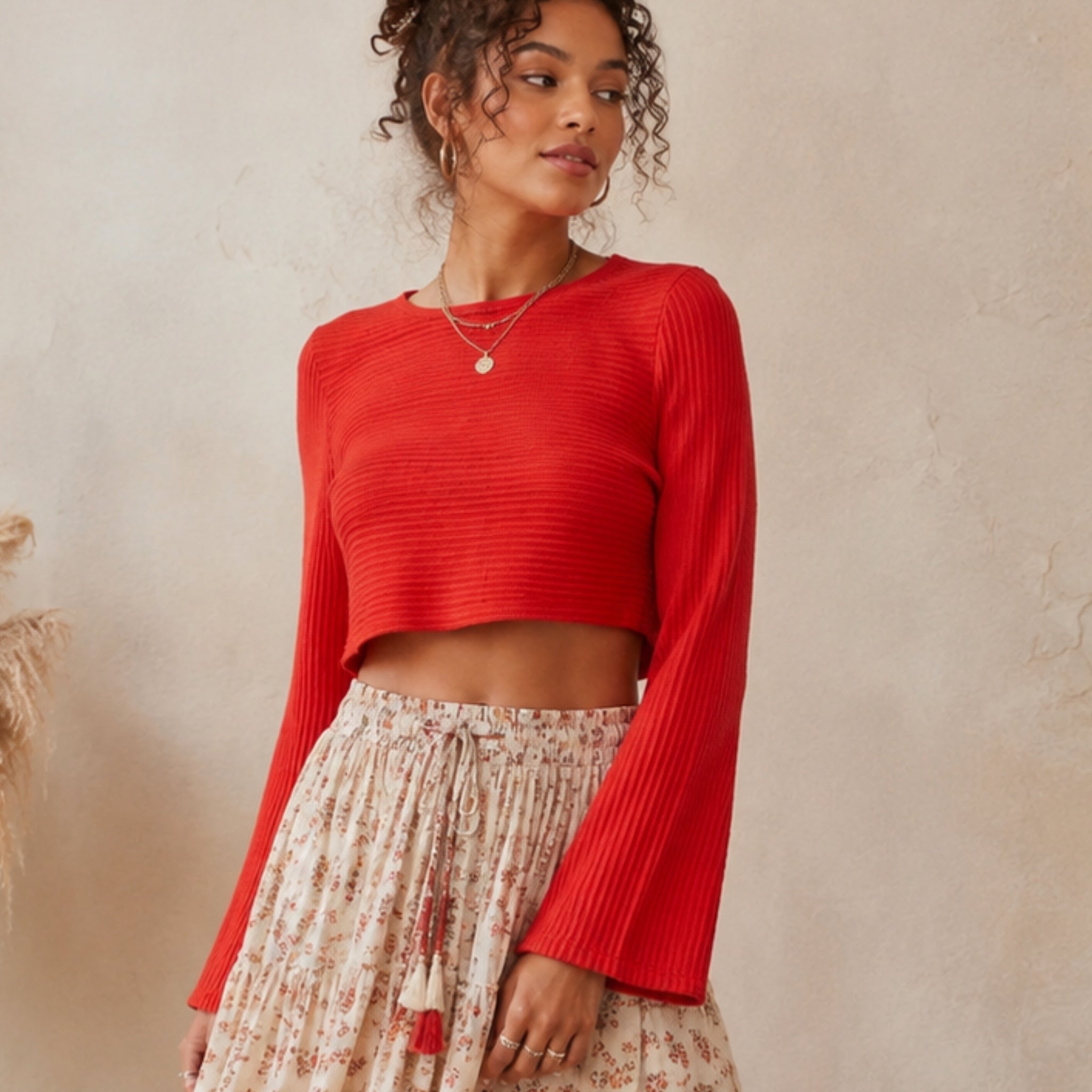 BAND OF THE FREE BOG Alize Red Rust Long Sleeve Cropped Top Blouse