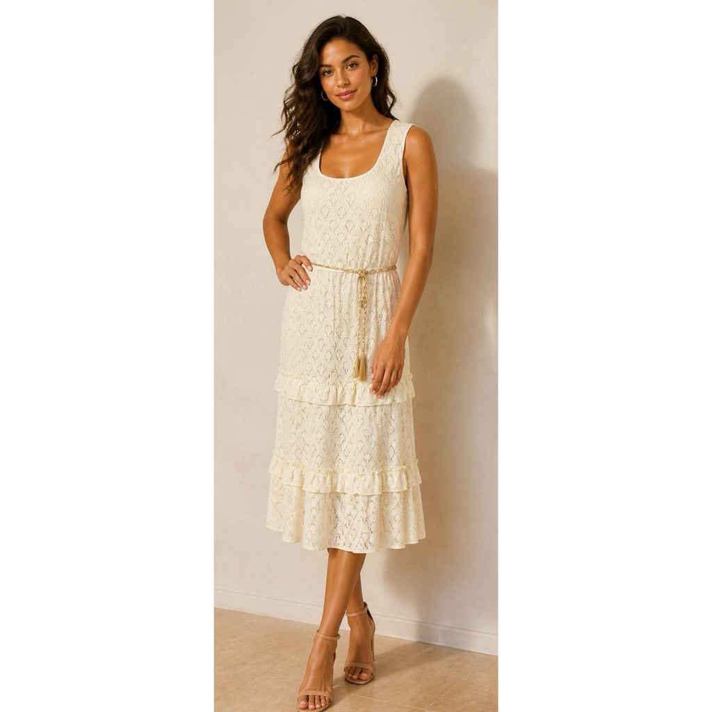 KATE AND LILY Women’s Lace Boho Daydream Midi Dress Sleeveless Cream Ruffle