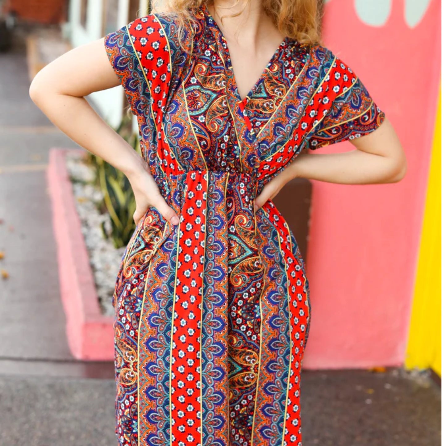 HAPTICS By HOLLY HARPER Sunset Orange Boho Paisley Surplice V Neck Pocketed Dress - East Coast Bella LLC