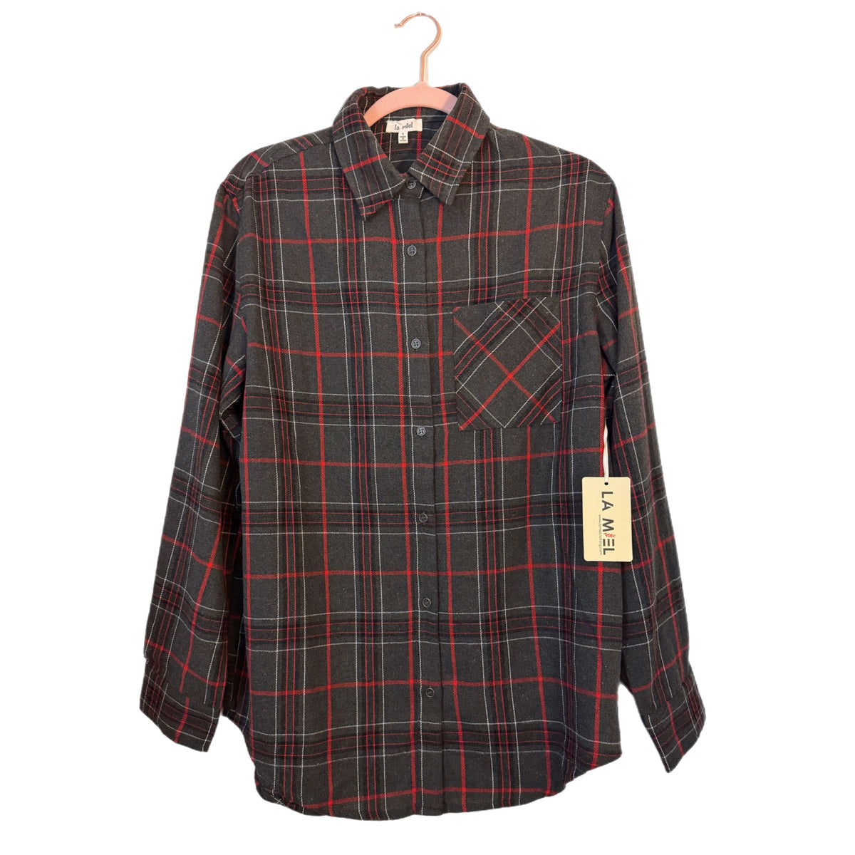 La Miel Plaid Oversized Shirt Gray Red Button Front Long Sleeve