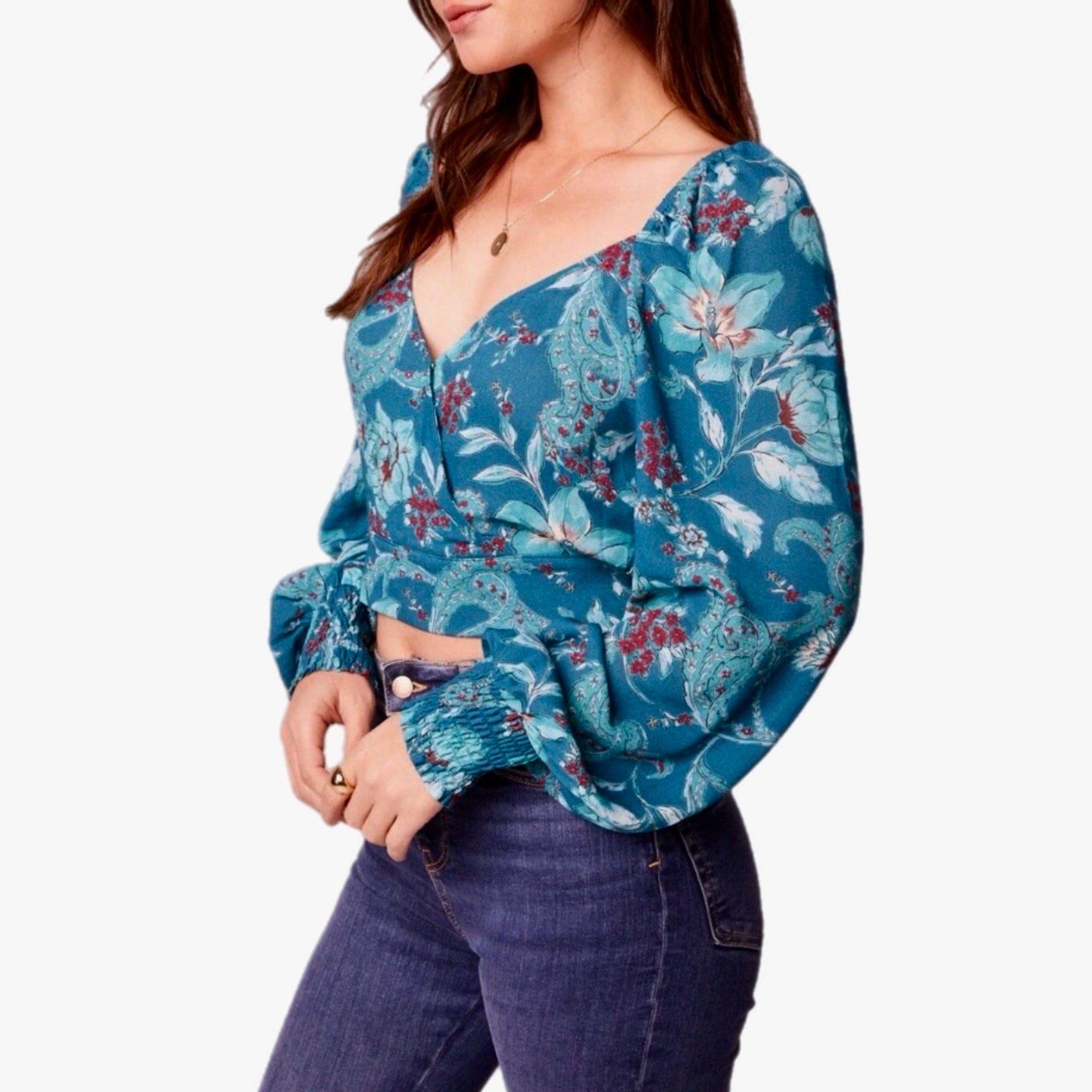 BAND OF THE FREE Sybille Teal Boho Floral Long Sleeve Crop Blouse