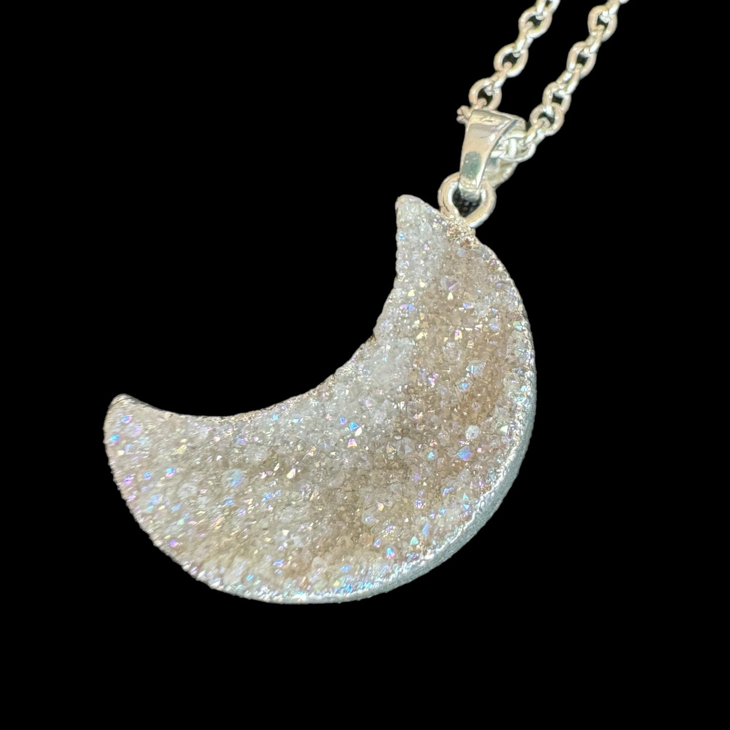 Quartz Druzy Stone Crescent Moon Silver Plated Geode Necklace Crystal