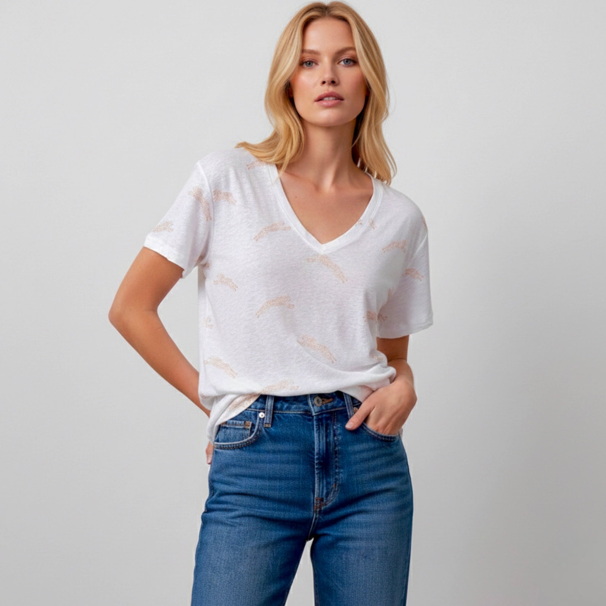 Rails Cara Linen Jersey V Neck Tee Golden Cheetah Print Shirt