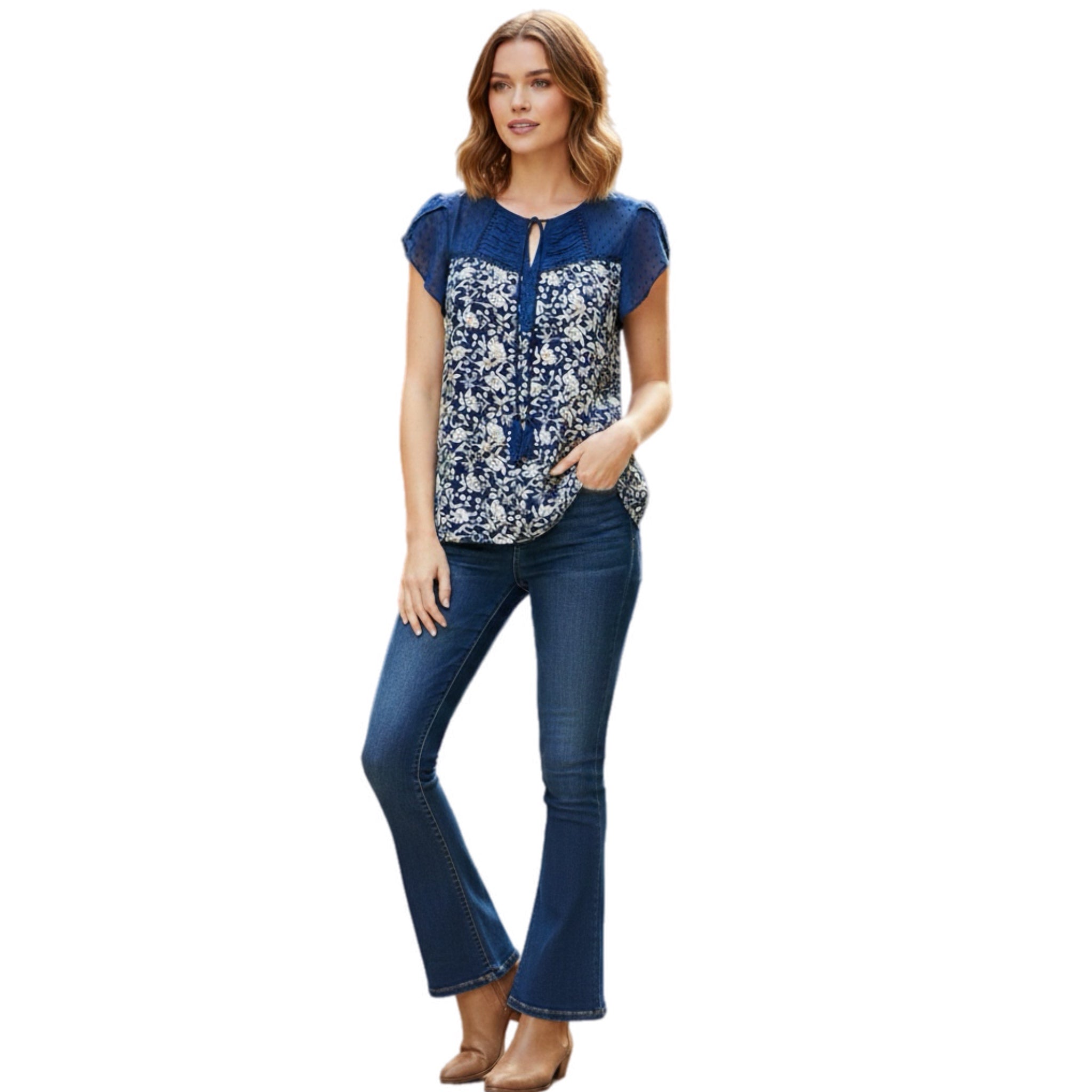 DANIEL RAINN Cottage Floral Lace Short Sleeve Blouse Women’s Top in Blue