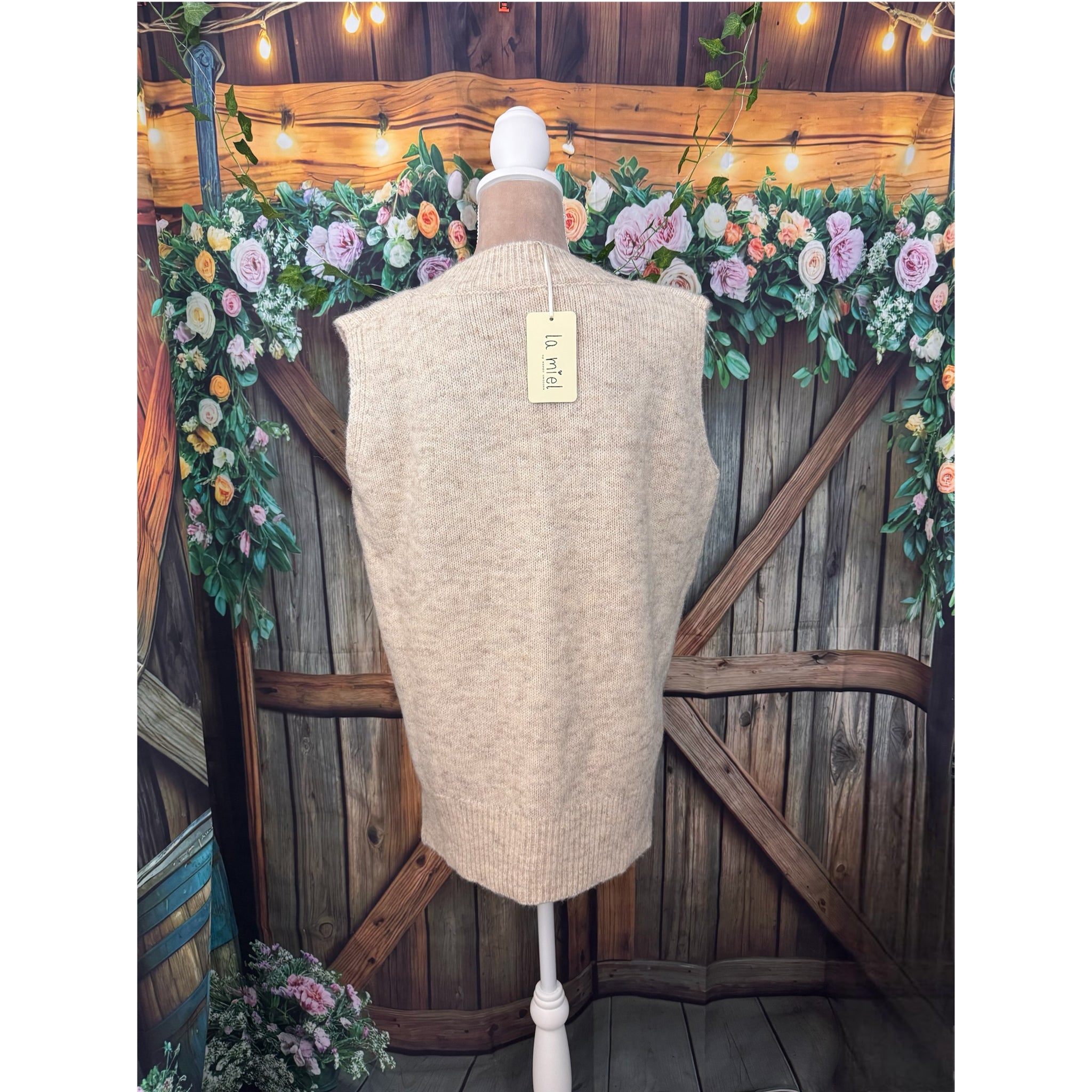 La Miel Oversized Soft Knit Preppy Lady Sweater Vest Wool Blend in Cream
