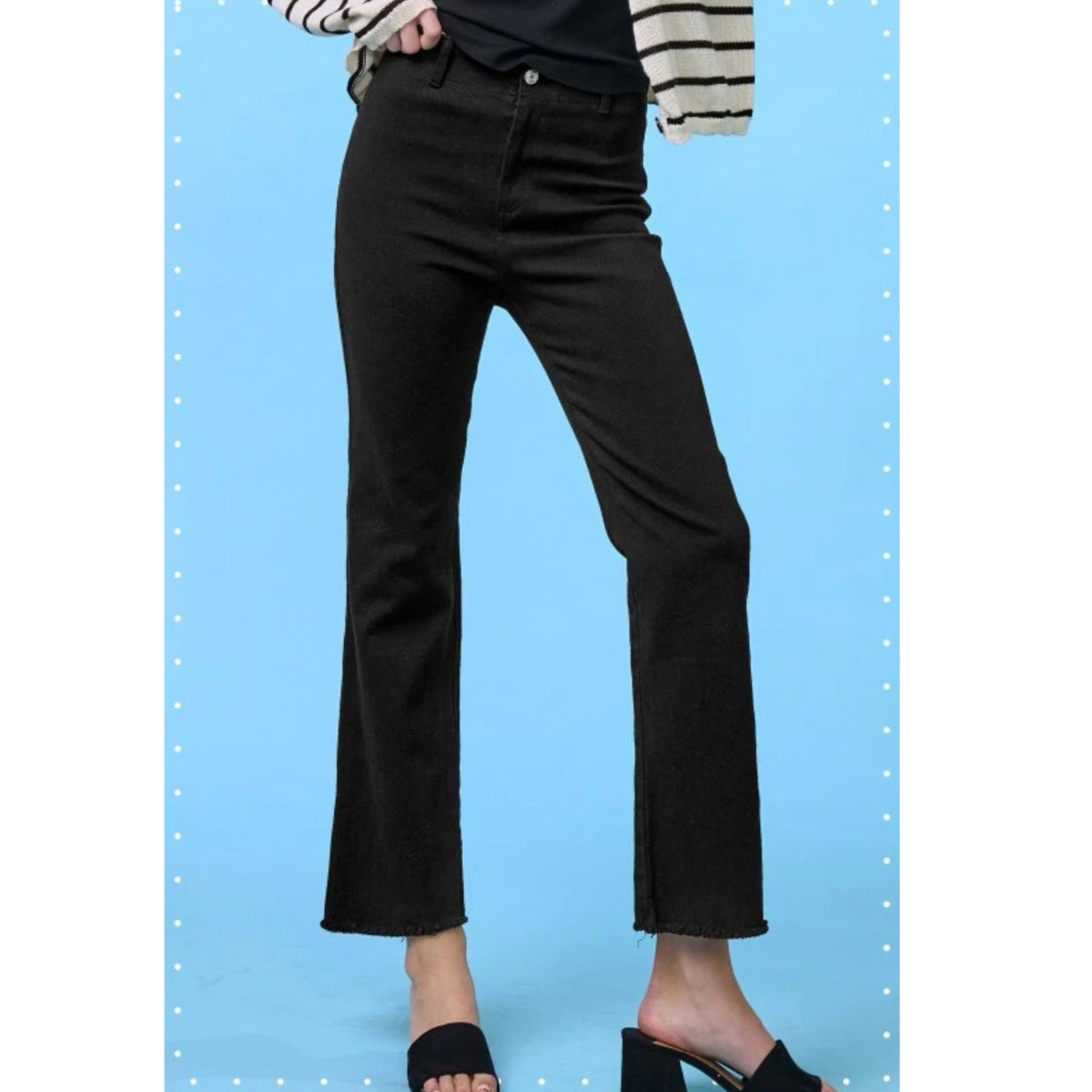 LA MIEL High-Rise Raw Hem Stretch Ankle Flare Pants in Black