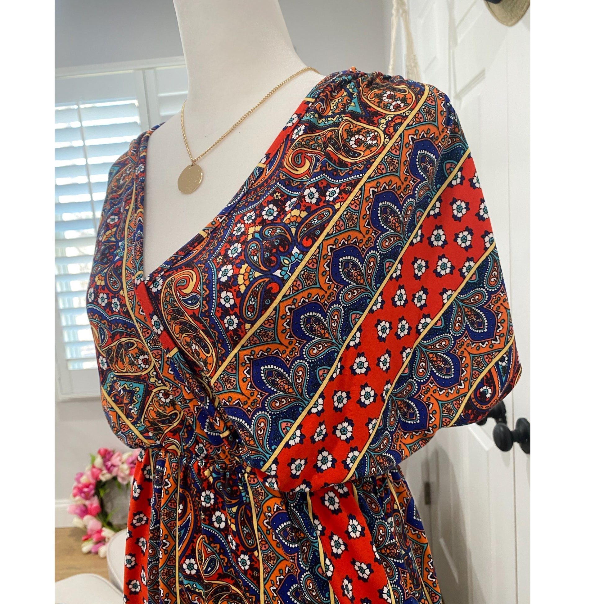 HAPTICS By HOLLY HARPER Sunset Orange Boho Paisley Surplice V Neck Pocketed Dress - East Coast Bella LLC