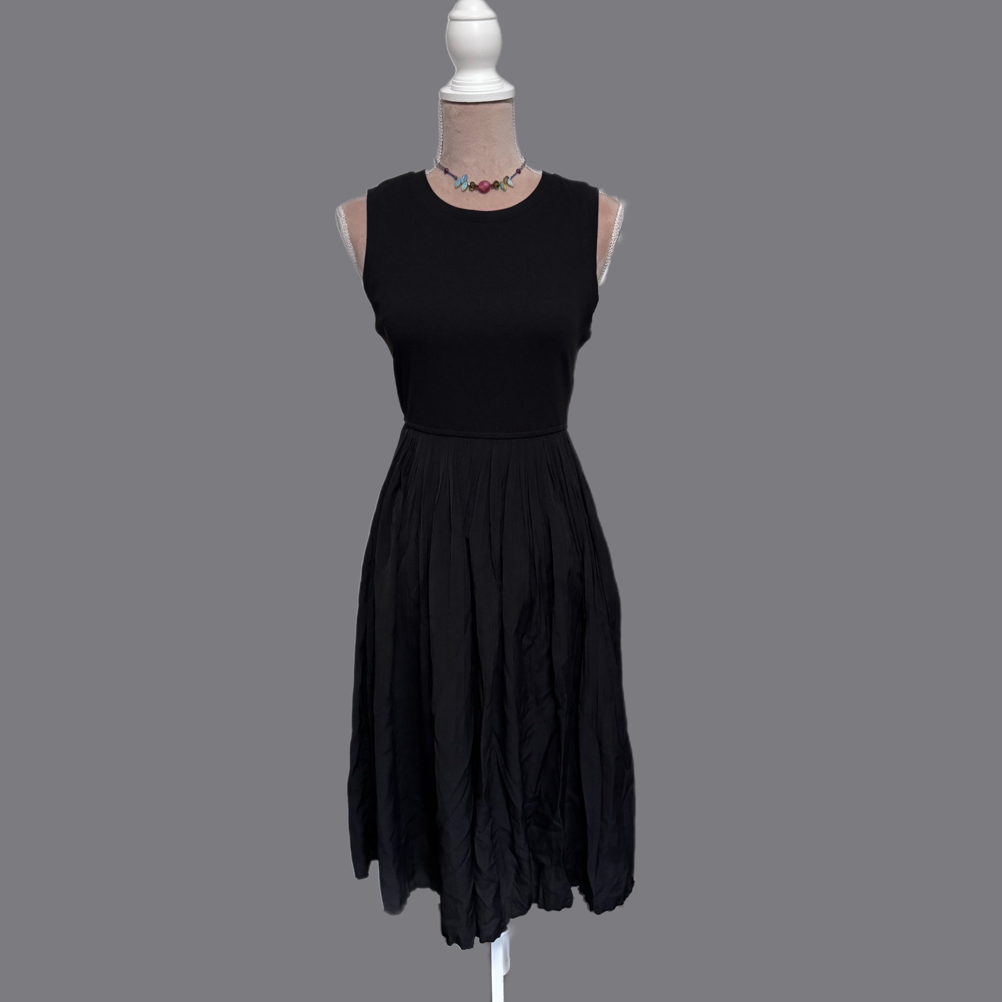 La Miel Mixed Media Tank Dress Ribbed Bodice Fit & Flare in Black
