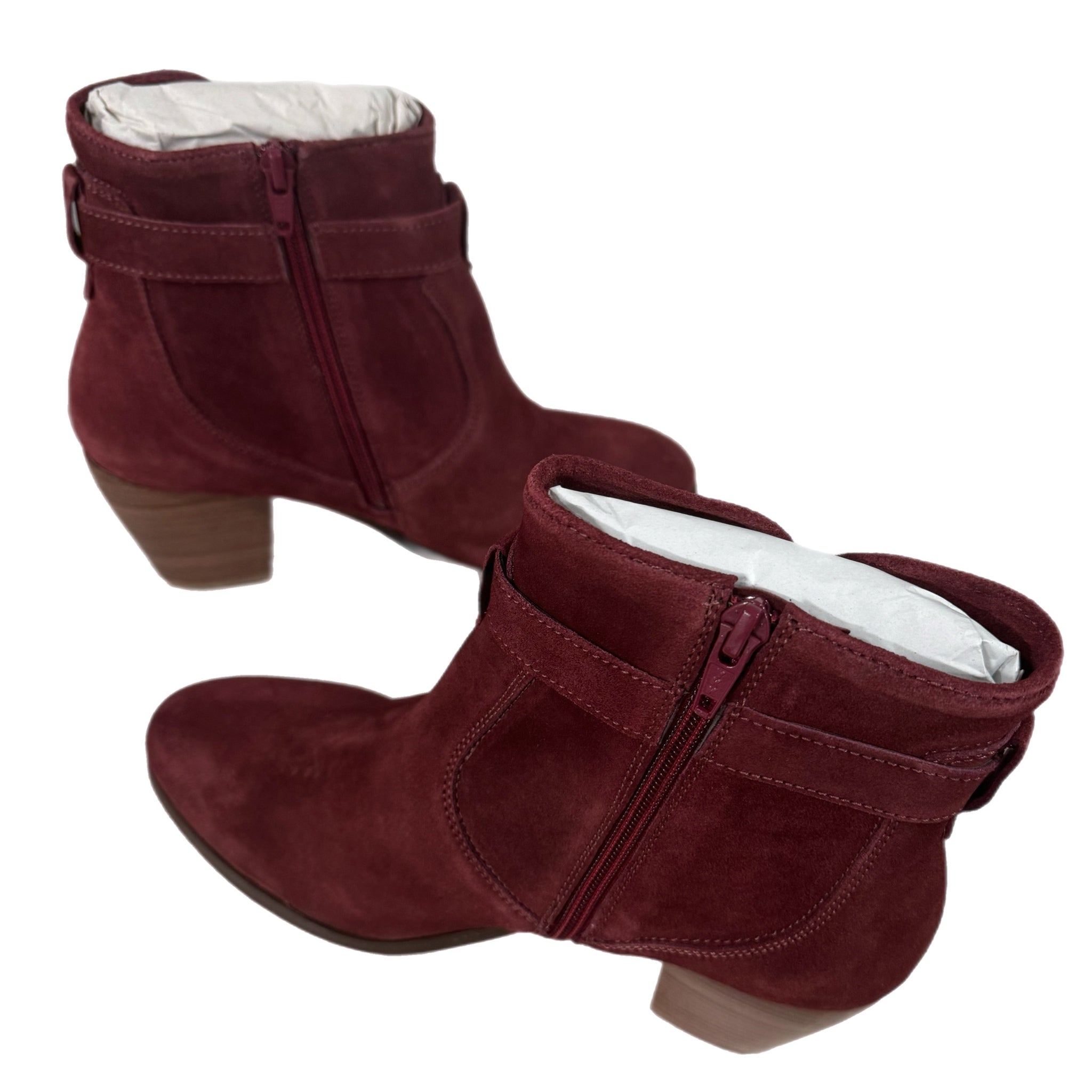 DIBA Merlot Burgundy Genuine Suede Leather Fashion Booties Gold Buckle Accent