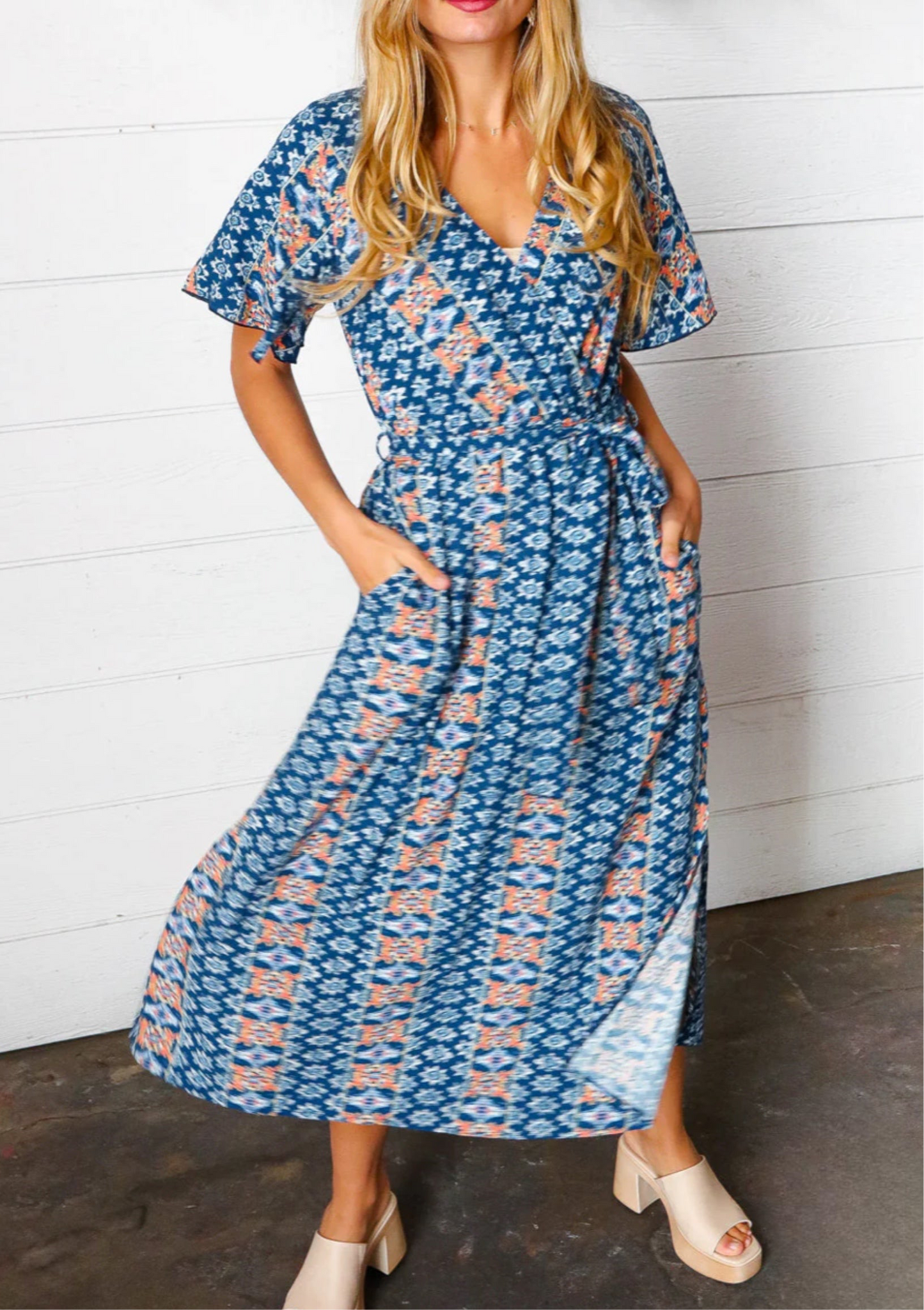 HAPTICS Navy Boho Print Surplice Sash Belt Midi Dress Small Only