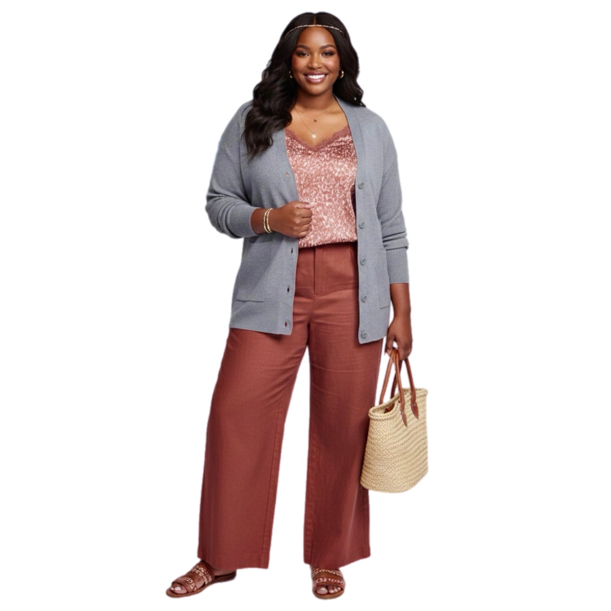 BOBEAU Button Front Cardi Pocketed Preppy Sweater in Gray Plus Size