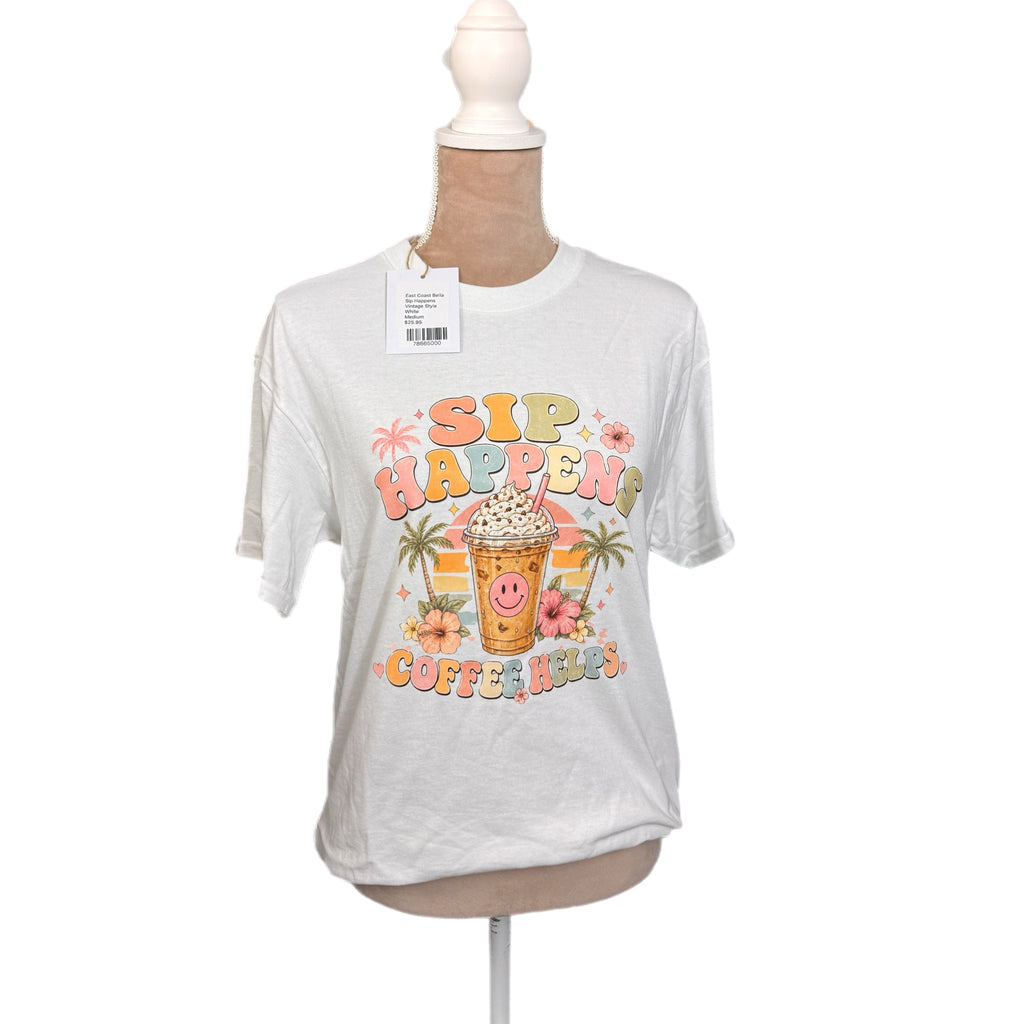 Sip Happens Coffee Helps Vintage Style Graphic T-Shirt in White
