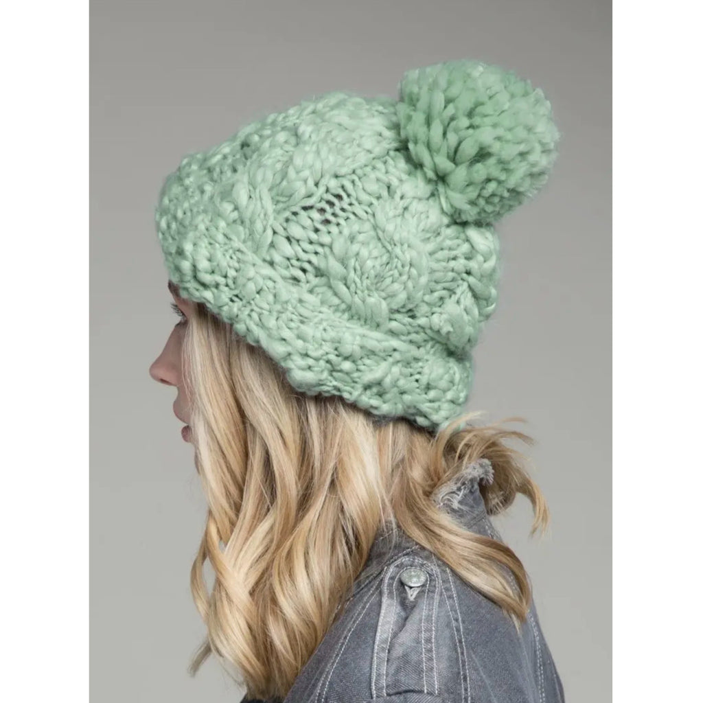 Mint Green Chunky Cable Knit Beanie with Pom-Pom