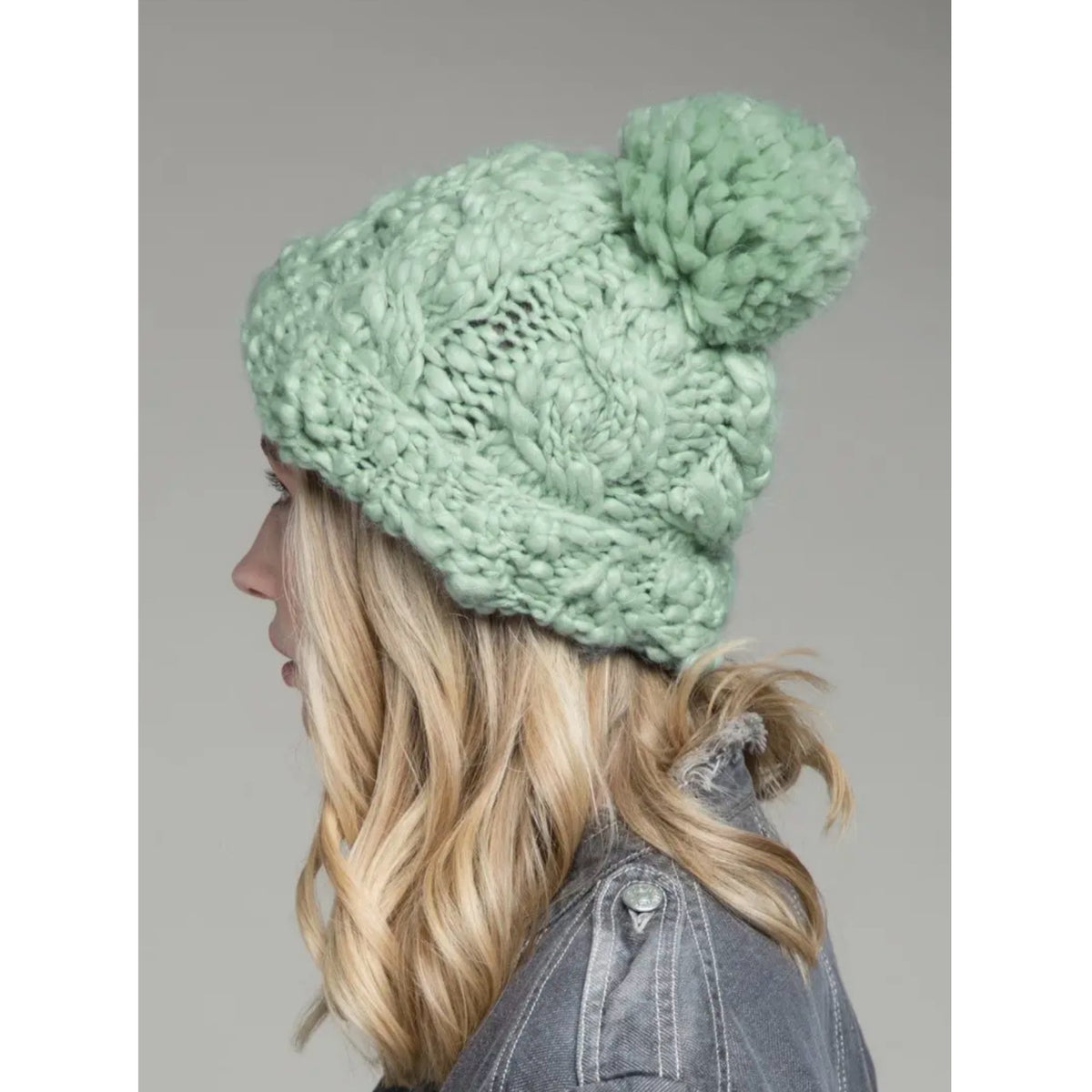 Mint Green Chunky Cable Knit Beanie with Pom-Pom