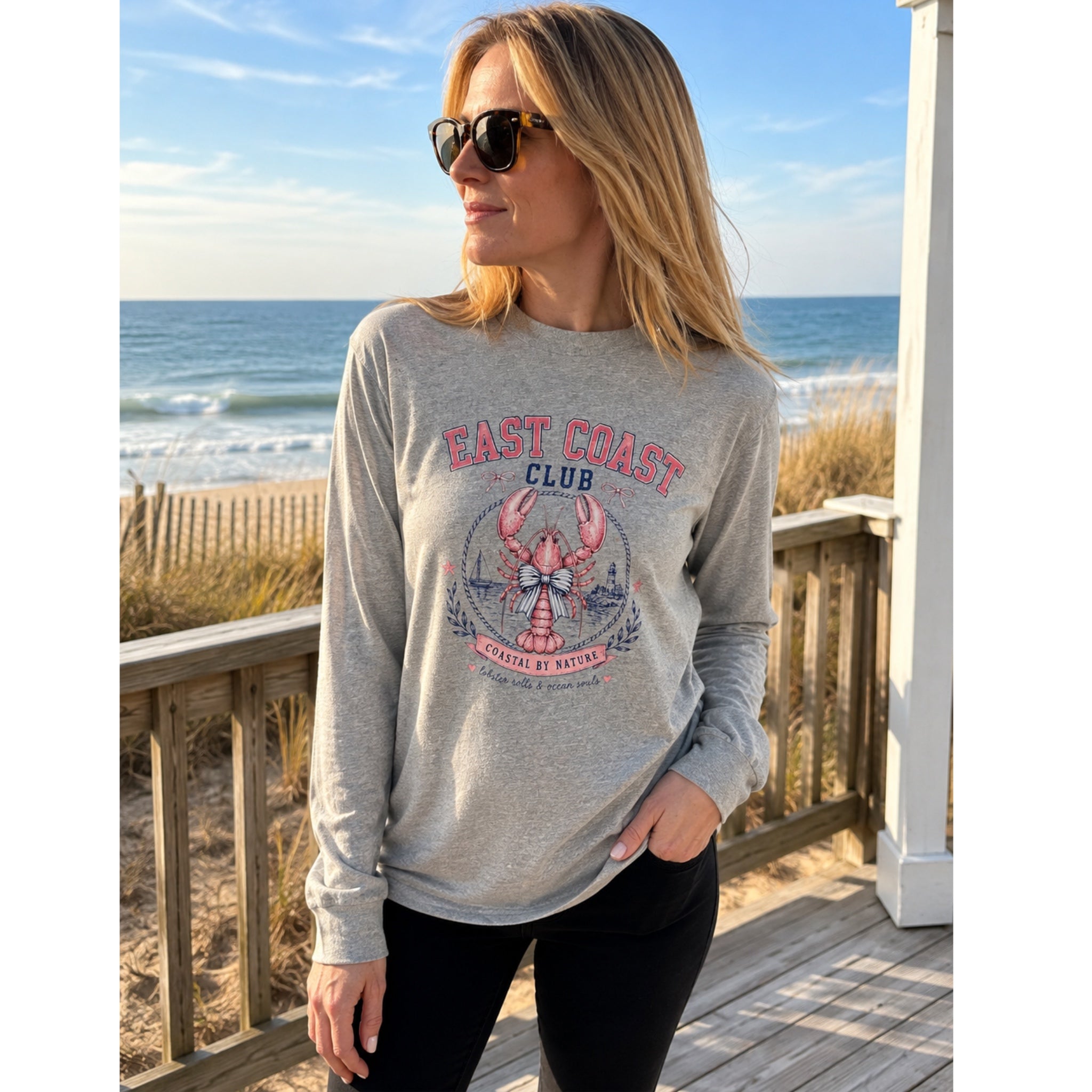 East Coast Club Preppy Lobster Long Sleeve T-Shirt in Gray