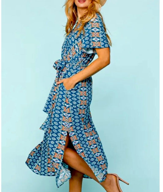 HAPTICS Navy Boho Print Surplice Sash Belt Midi Dress Small Only