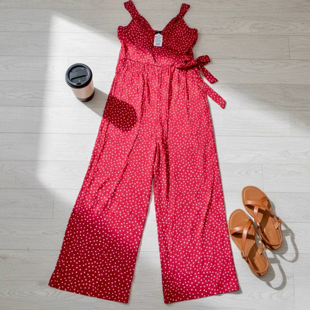 41 HAWTHORN STITCH FIX Pink Polka Dot Jumpsuit Wide Leg V-Neck