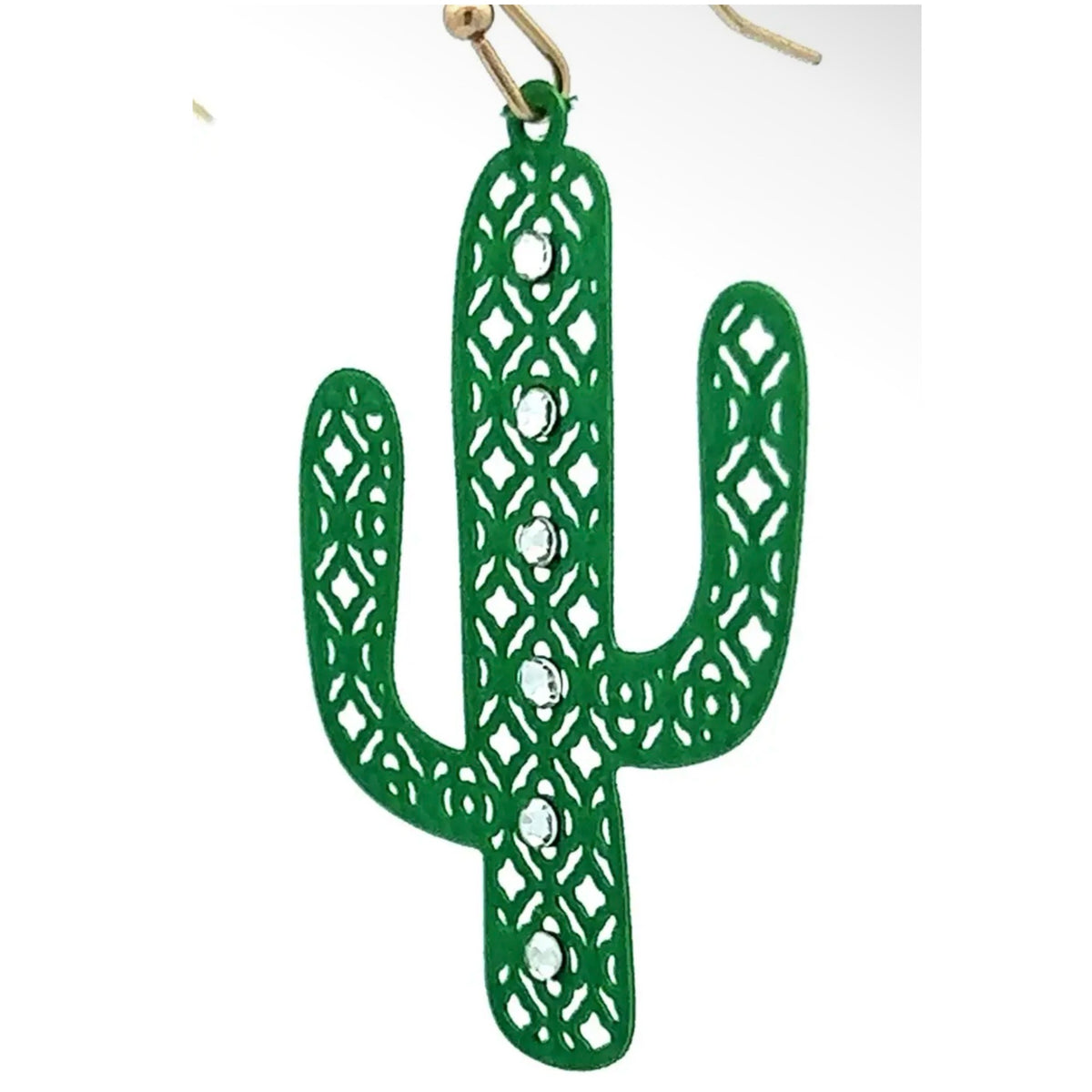 Green Metal Filigree Cactus Earrings 2” Rhinestone Boho Western Jewelry