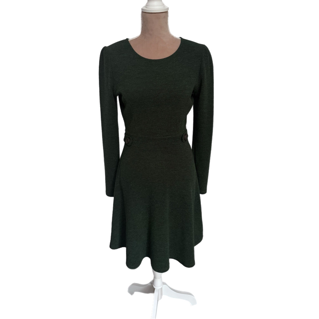Gilli Textured Fit & Flare Dress Long Puff Sleeve in Dark Green