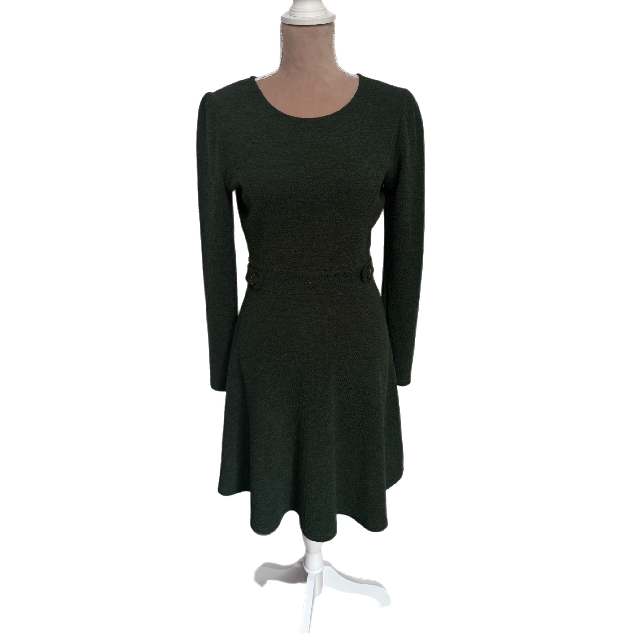 Gilli Textured Fit & Flare Dress Long Puff Sleeve in Dark Green