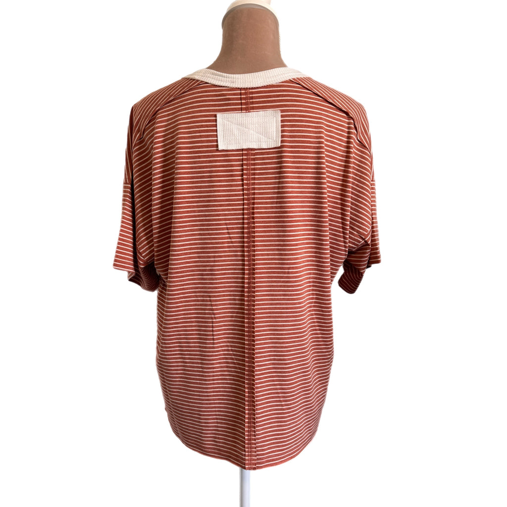 LA MIEL Boho Chic Terracotta Striped Top Drop-Shoulder Tee