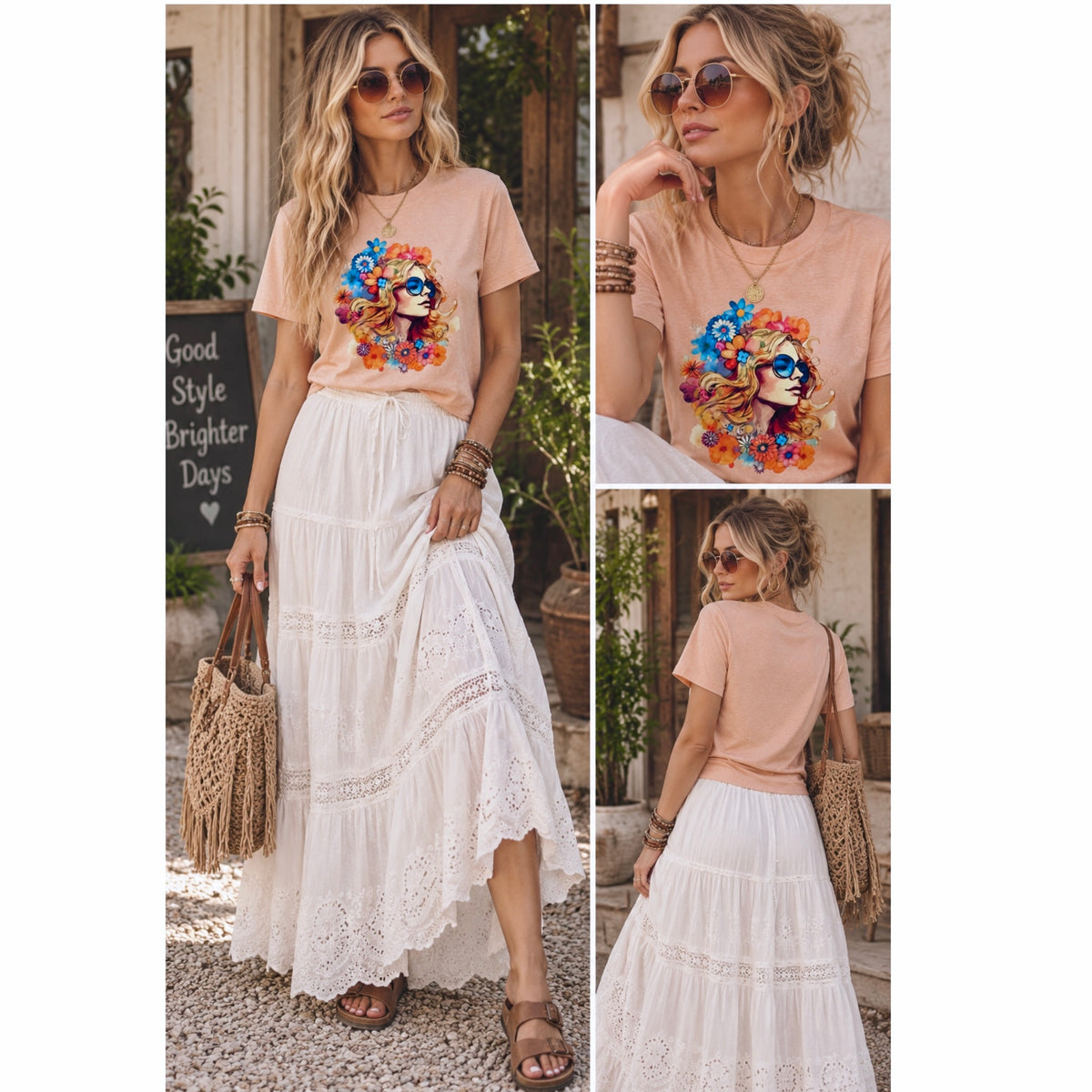 Boho Vintage 70s Style Lady in Flowers Graphic Tee Shirt in Beige Pink