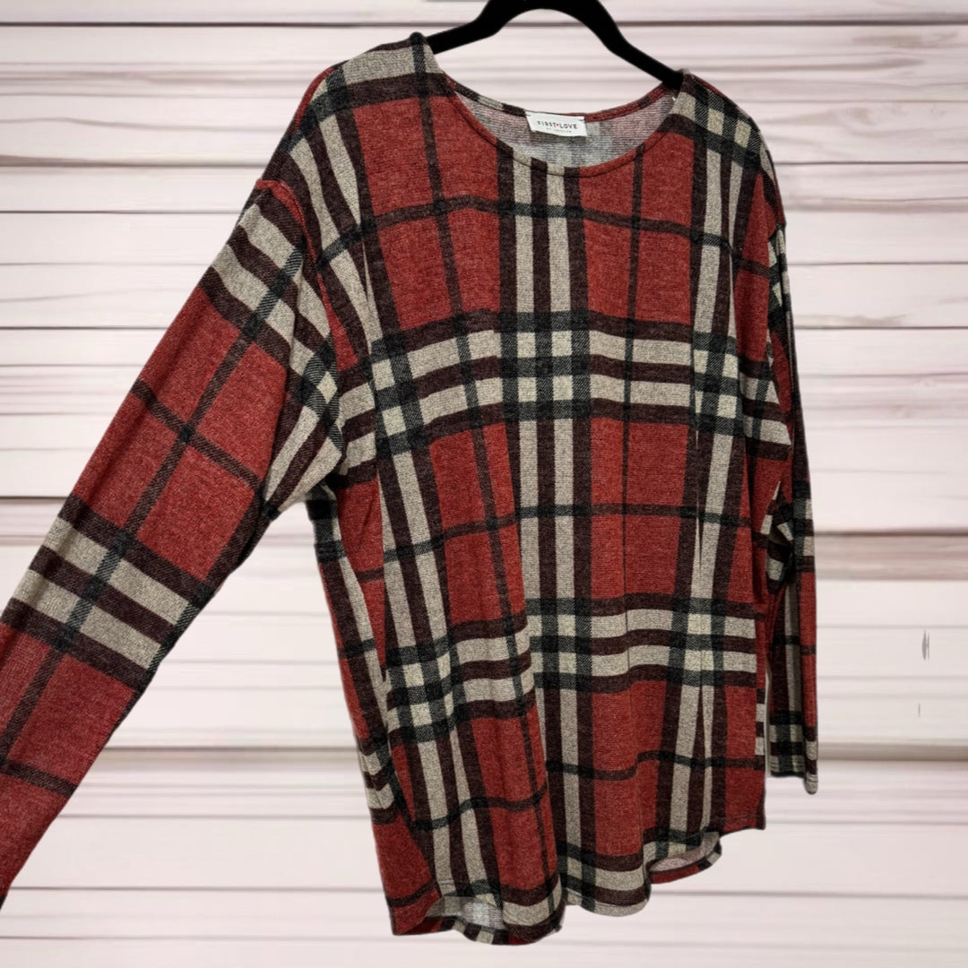 FIRST LOVE by Lovelyn Autumn Rust Plaid Light Knit Top Sweater S, M, L