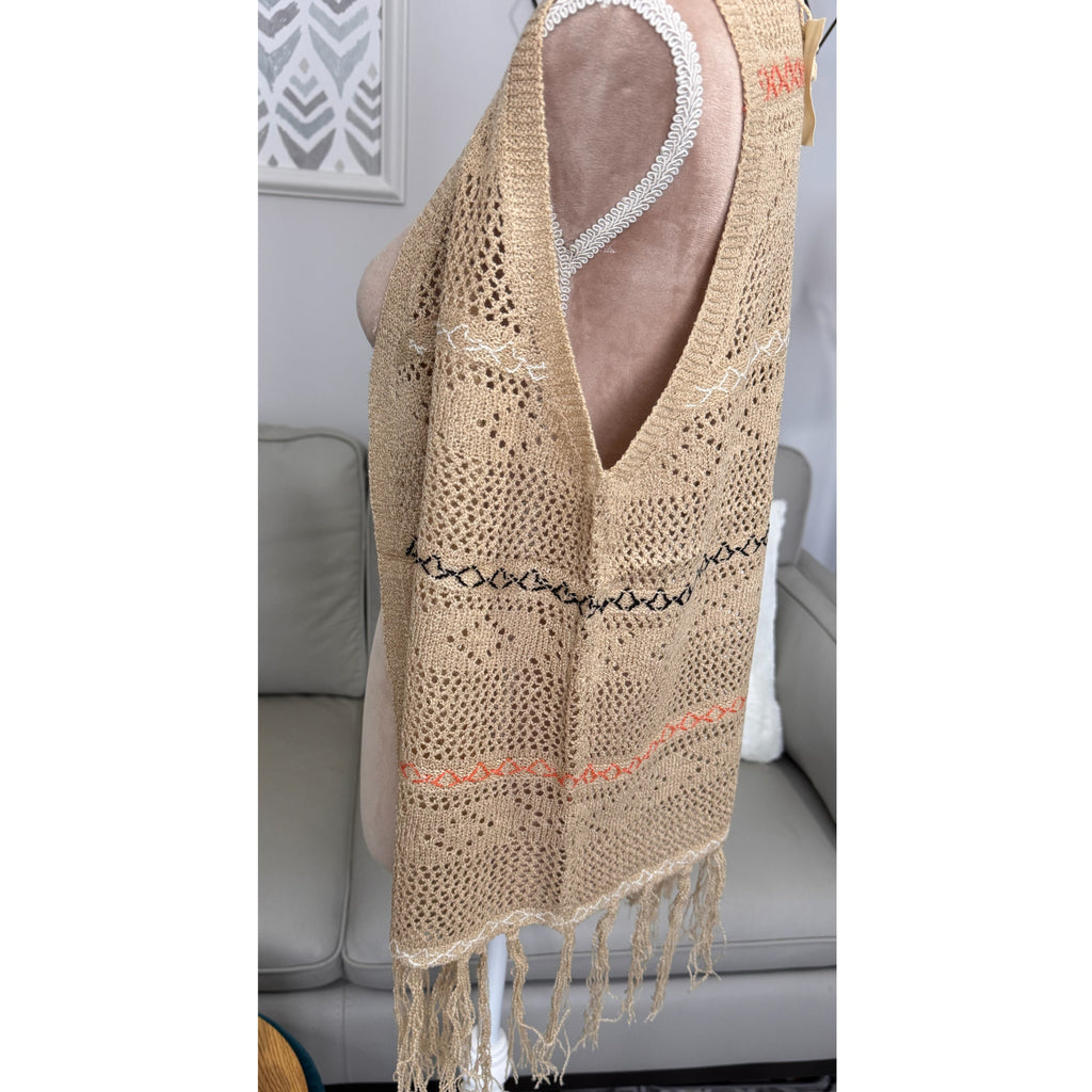 Boho Crochet Fringe Vest Tan Embroidered Open Front Cardigan