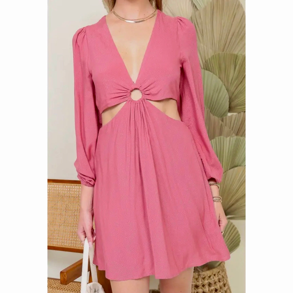 LUMIERE Ring Accent Cut-Out Mini Dress in Rose Sparkle