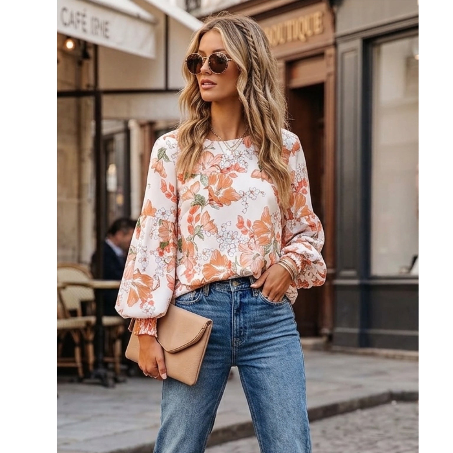 Aria Floral Balloon-Sleeve Blouse in Coastal Summer Peach & Ivory