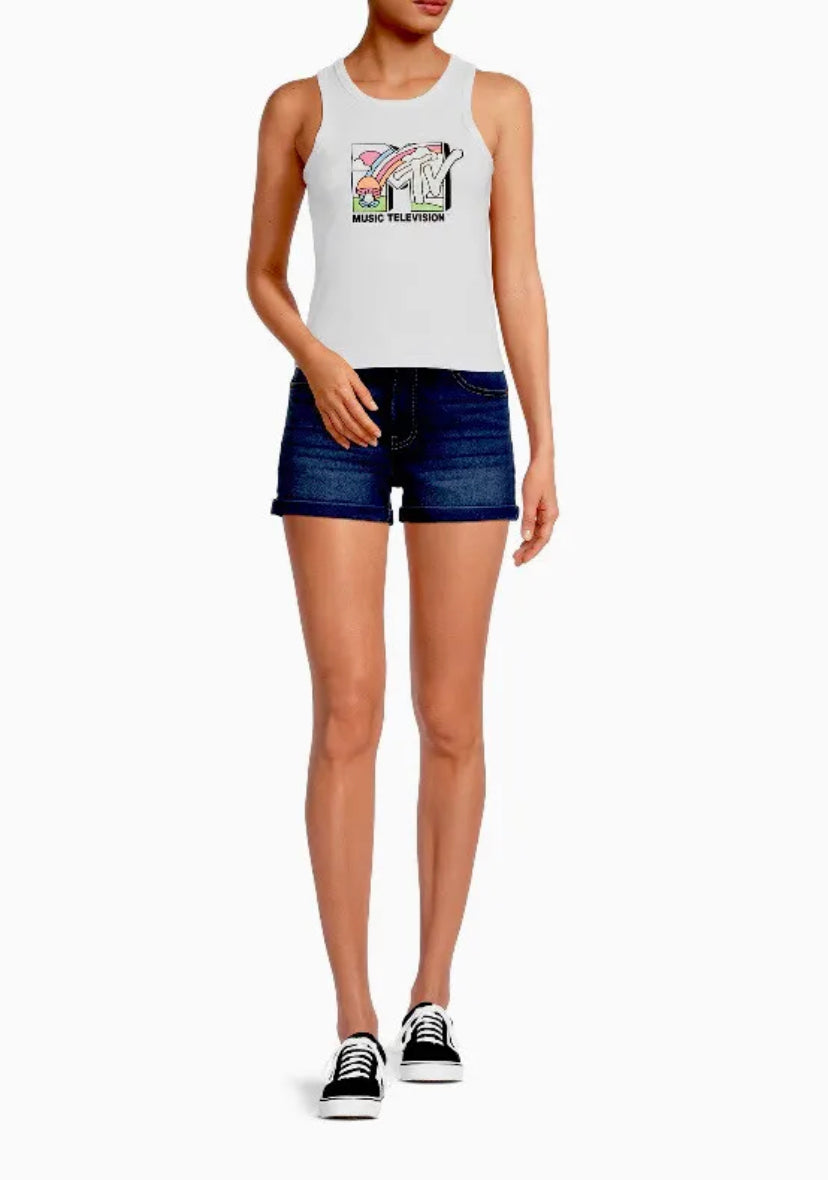 MTV Graphic White Tank Top Logo Rainbow Mushroom Design - East Coast Bella LLC